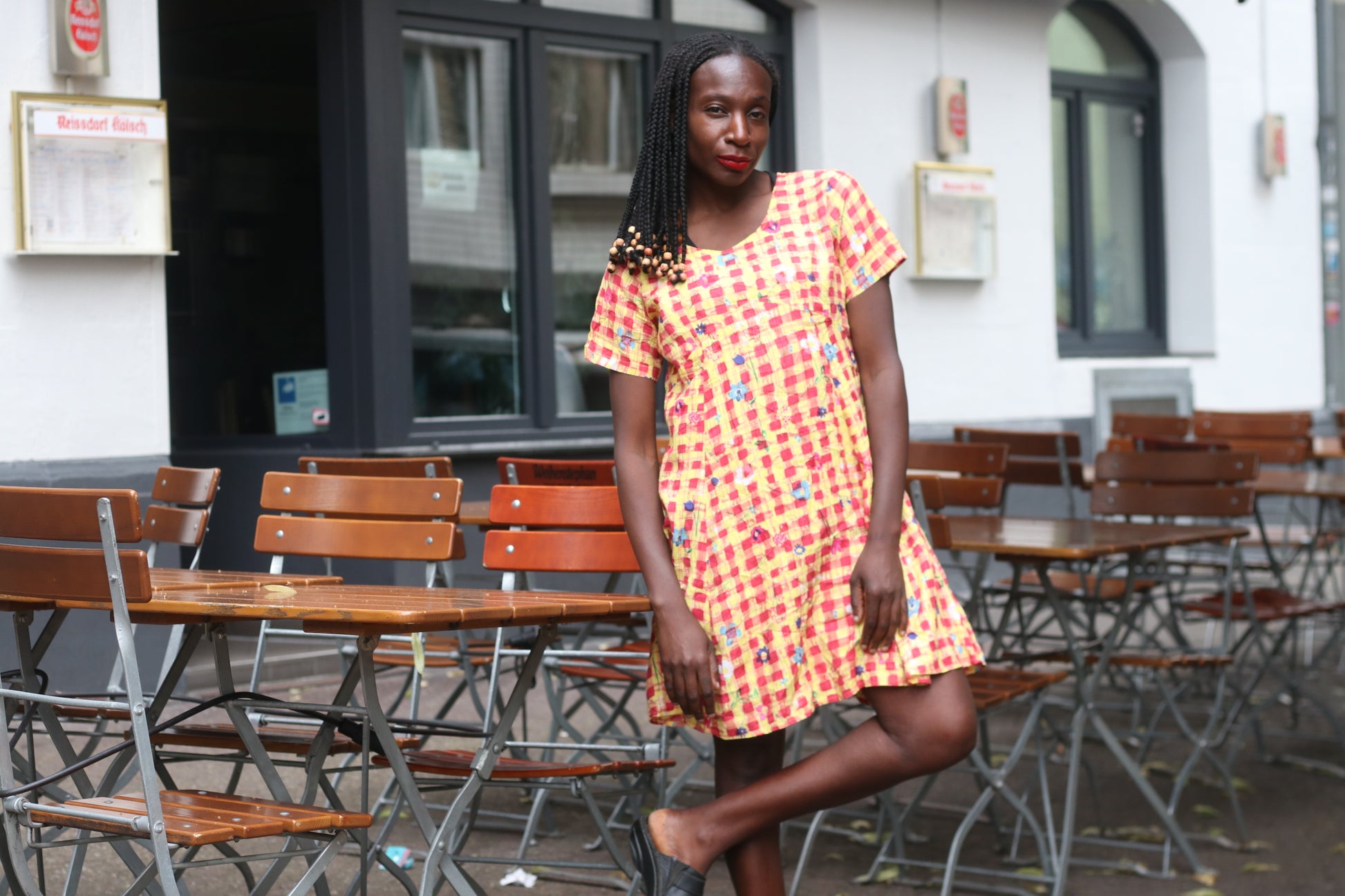 Vintage 1990s Gingham Dress Floral Plaid Mini Dress Yellow Red Smock Grunge Medium