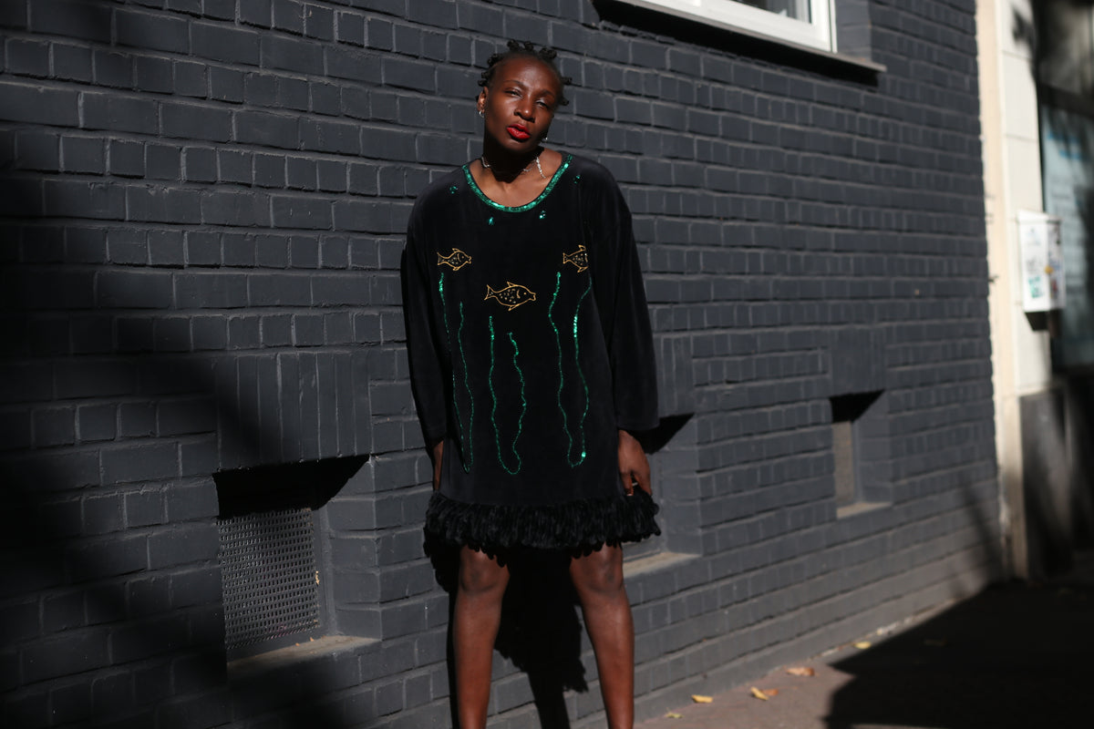 Vintage Velvet Tunic Dress - 90s Black Sequin Fish Mini Dress - L