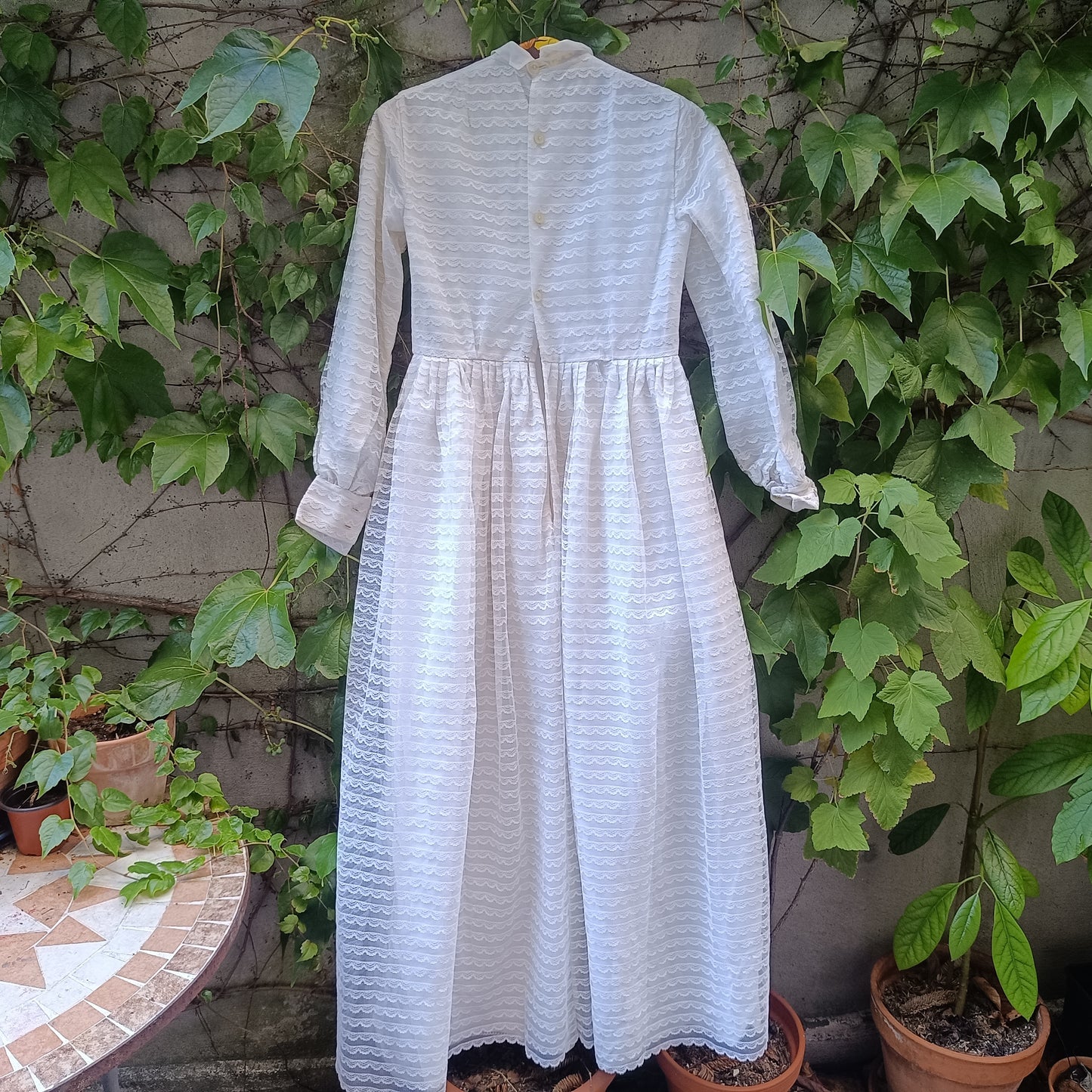 Vintage 70s White Lace Maxi Dress, Small, High Collar, Tiered Scallop Lace