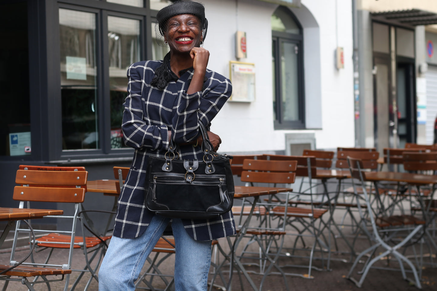 Vintage 80s Navy Plaid Blazer | Oversized Boxy Windowpane Jacket