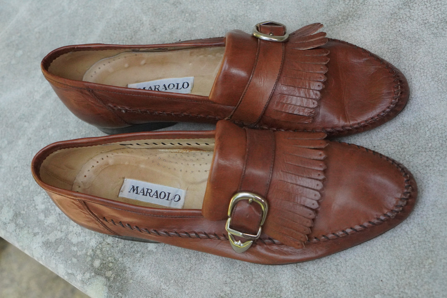 Maraolo Vintage Italian Leather Loafers - Brown Kiltie Fringed Buckle Shoes