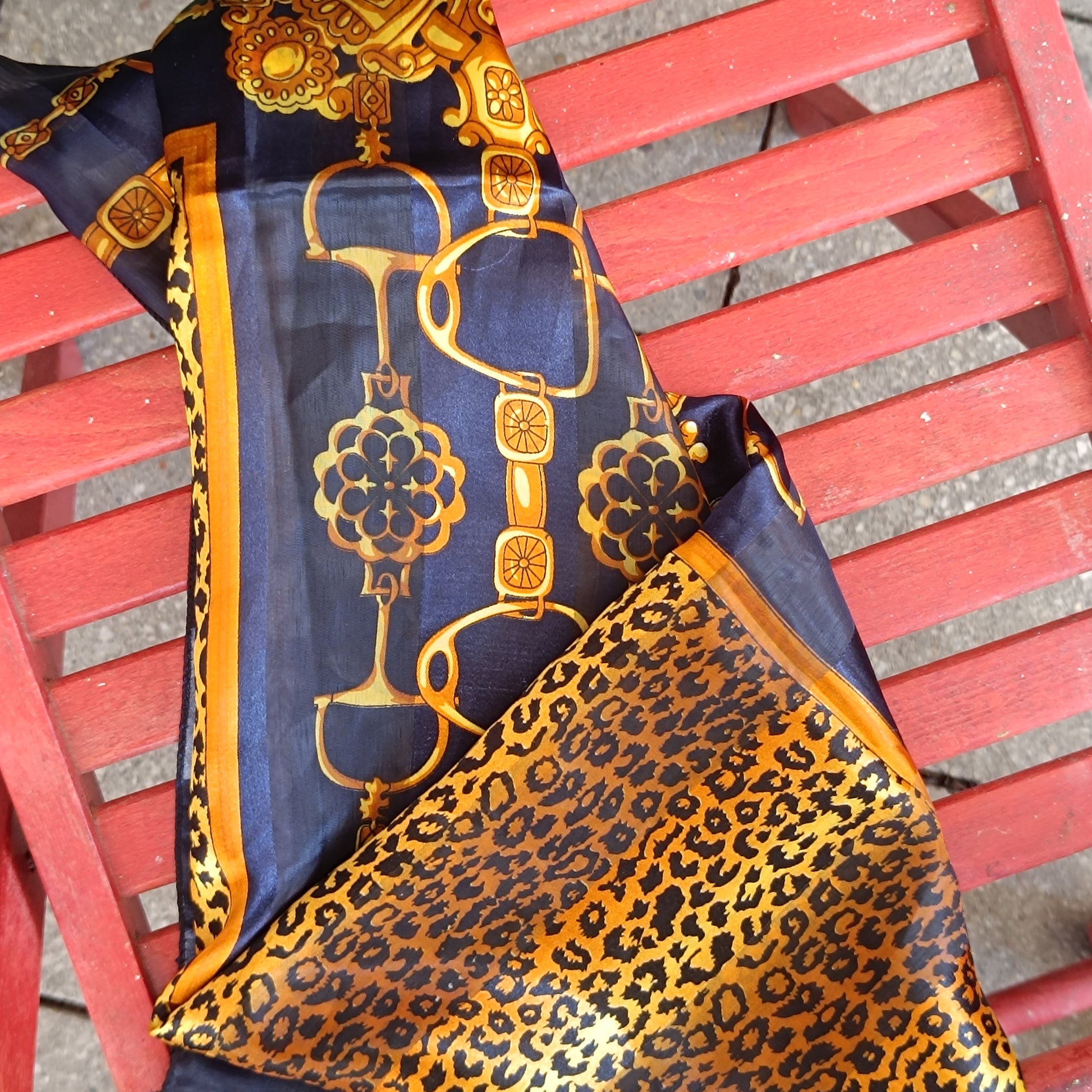 Vintage 80s Equestrian Leopard Scarf Navy Gold Chain Horse Bit Satin Foulard