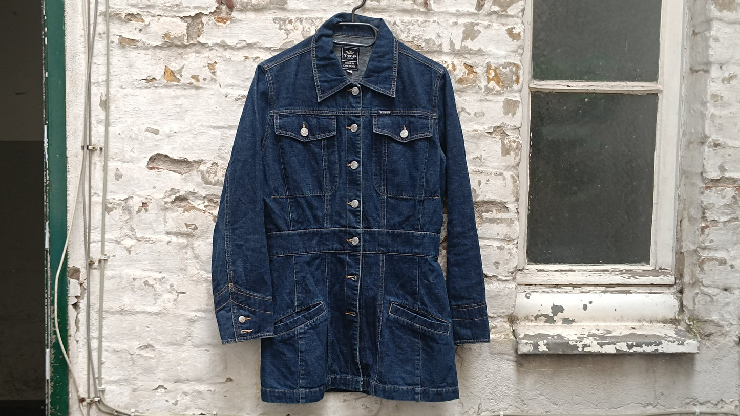 Vintage 1990s Denim Mini Dress Jacket Blue Jean Utility Western Button Up Dress