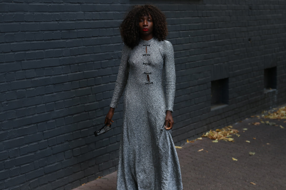 Silver Metallic Maxi Dress | Vintage 70s Lurex Evening Gown | S