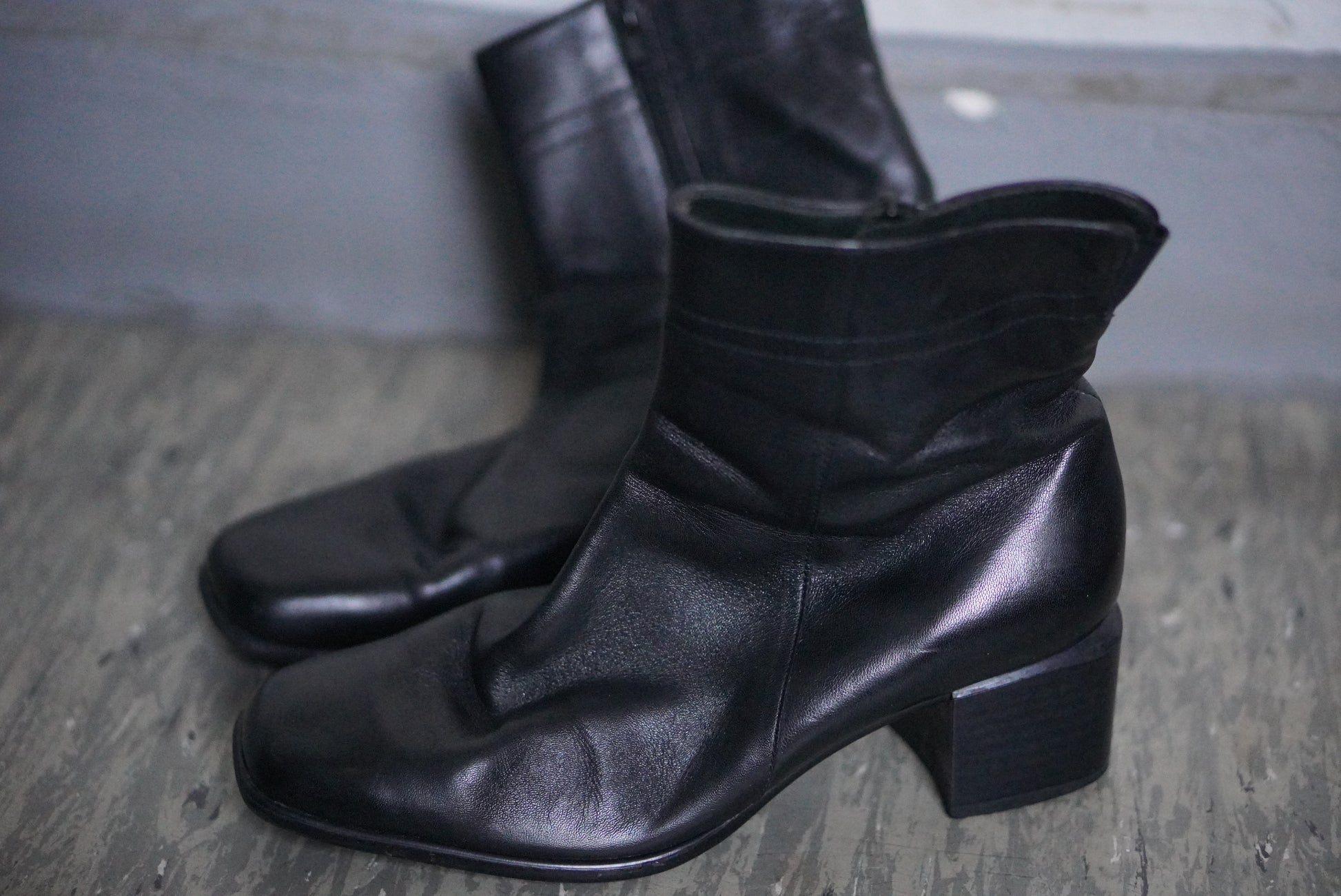 Vintage 90s Black Leather Ankle Boots | Square Toe Block Heel | Fits EU 38.5 UK 5.5