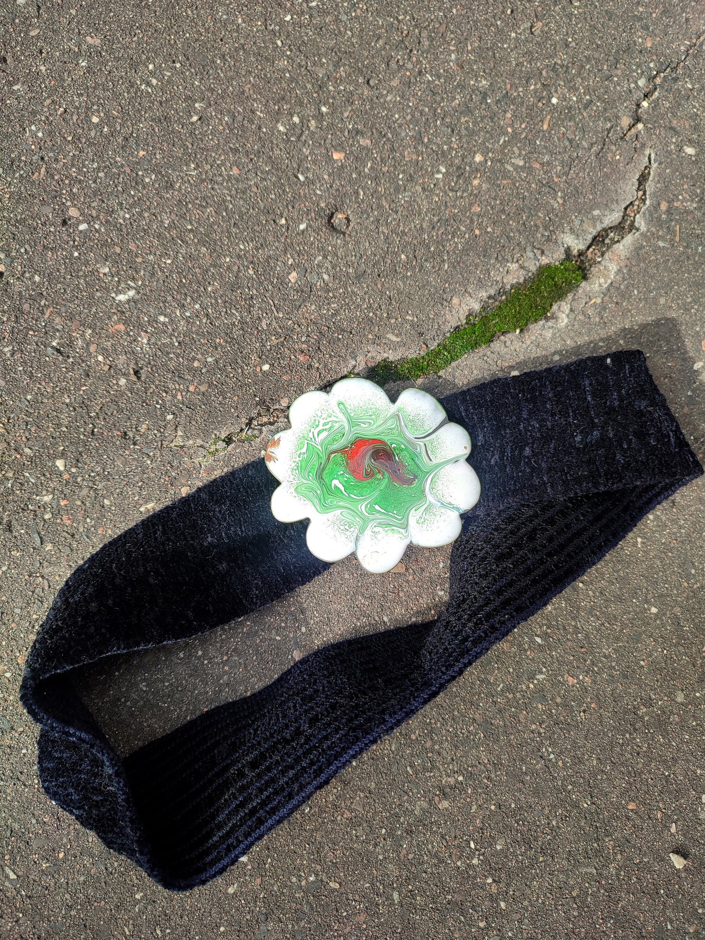 70s Handmade Bel| Flower Power Green and black belt| Vintage metal and fabric waist belt