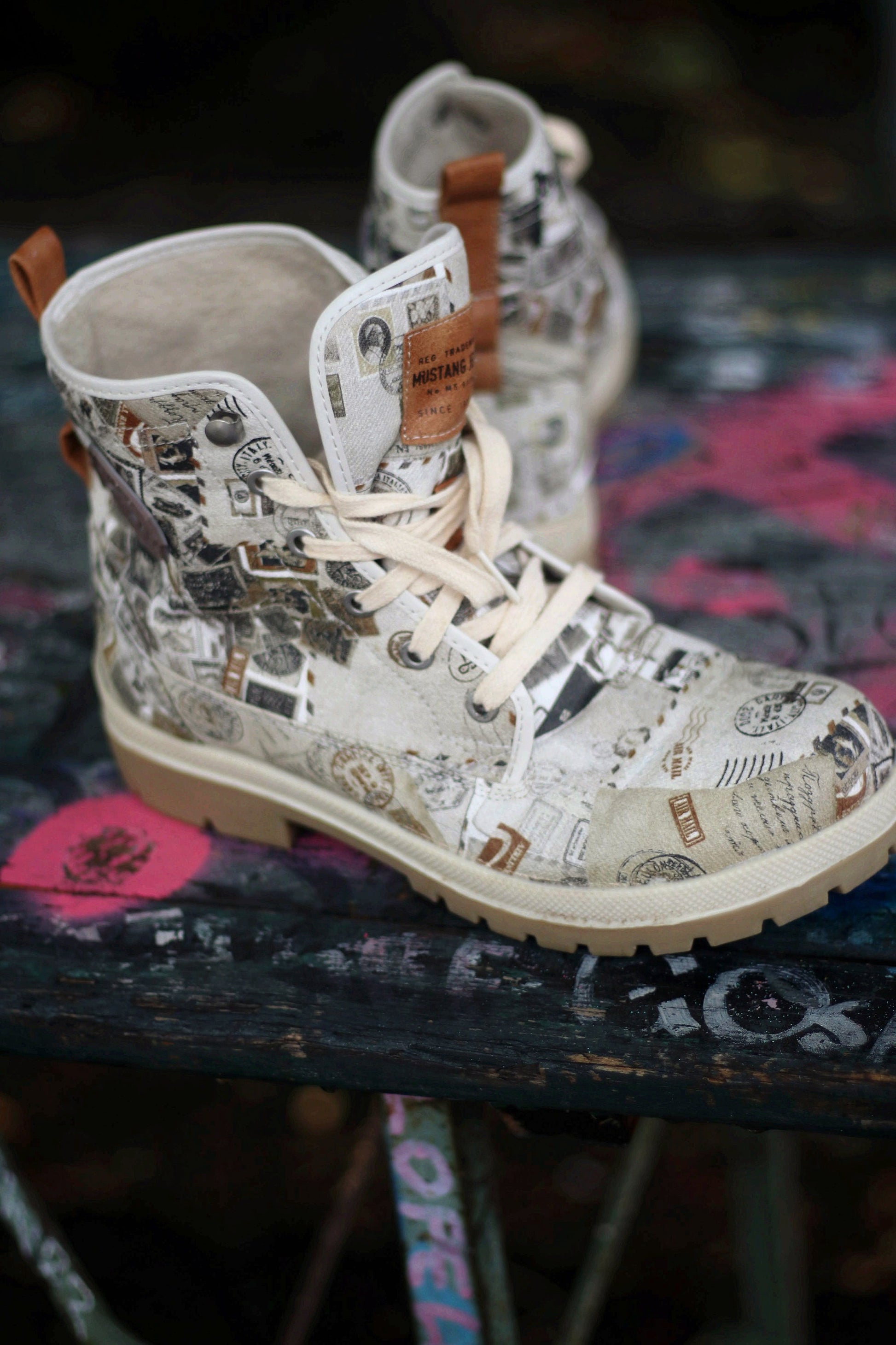 y2k Mustang Chunky Boots| Vintage grey canvas streetwear statement printed shoes
