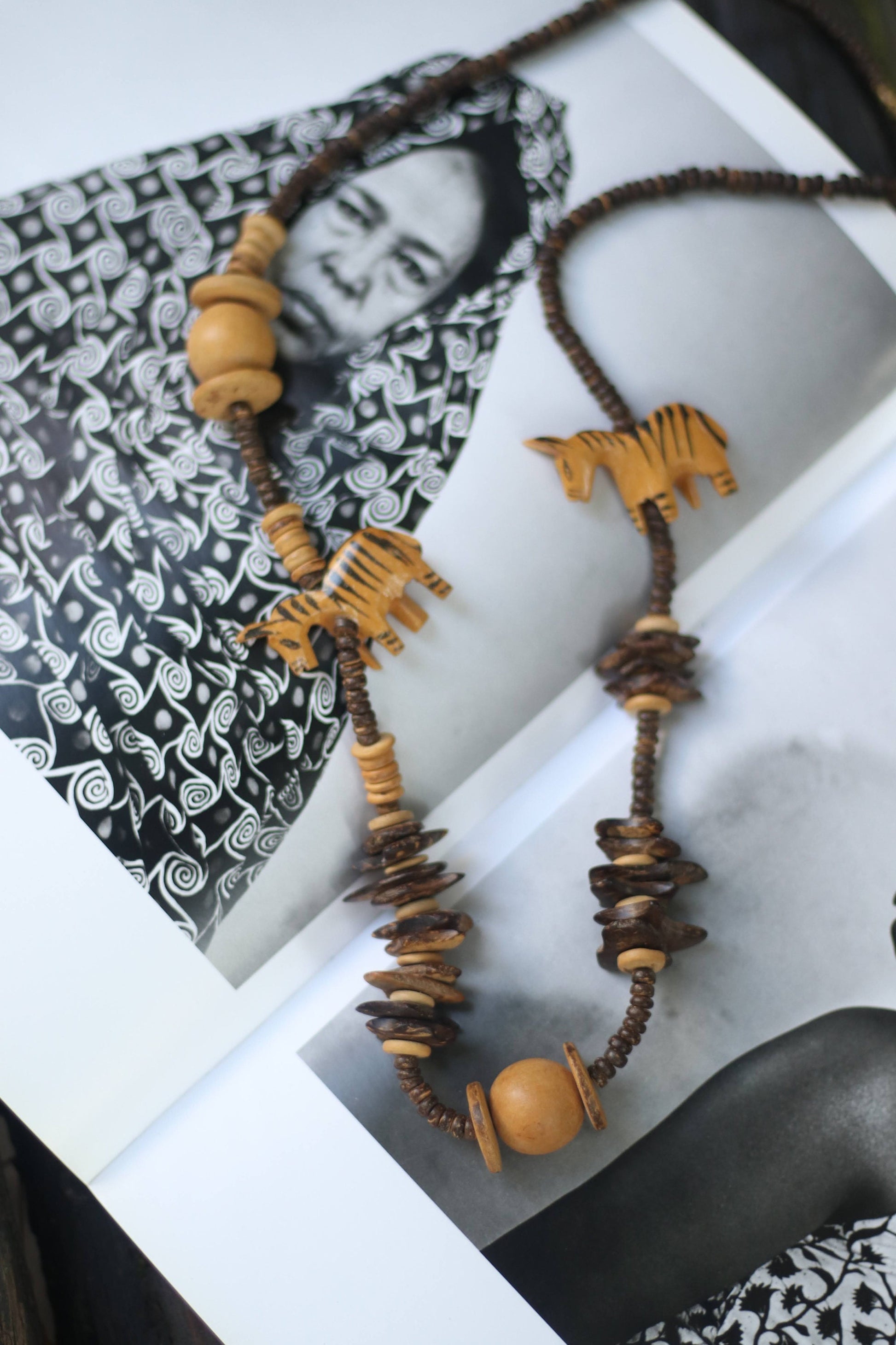 Vintage Afro Inspired Necklace with Statement wooden pieces | African Inspired Unique wooden necklace with animal print