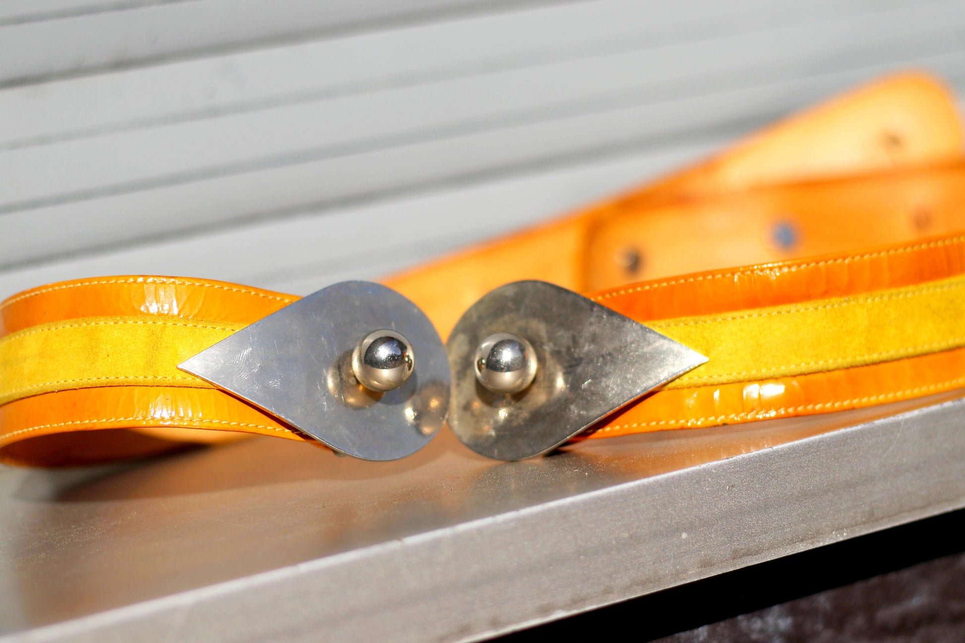 80s Striped Belt | Vintage orange leather waist belt with statement metallic buckle