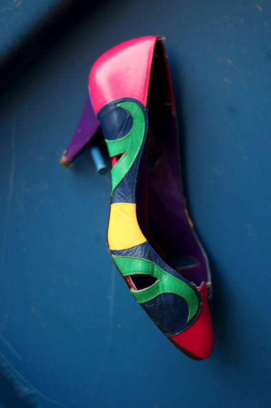 80s Beverly Feldman Pumps| Vintage Women's Rare Leather Multi-Colored Heels | Purple Black Maximalist Stilettos| Zigzag pattern Suede Shoes