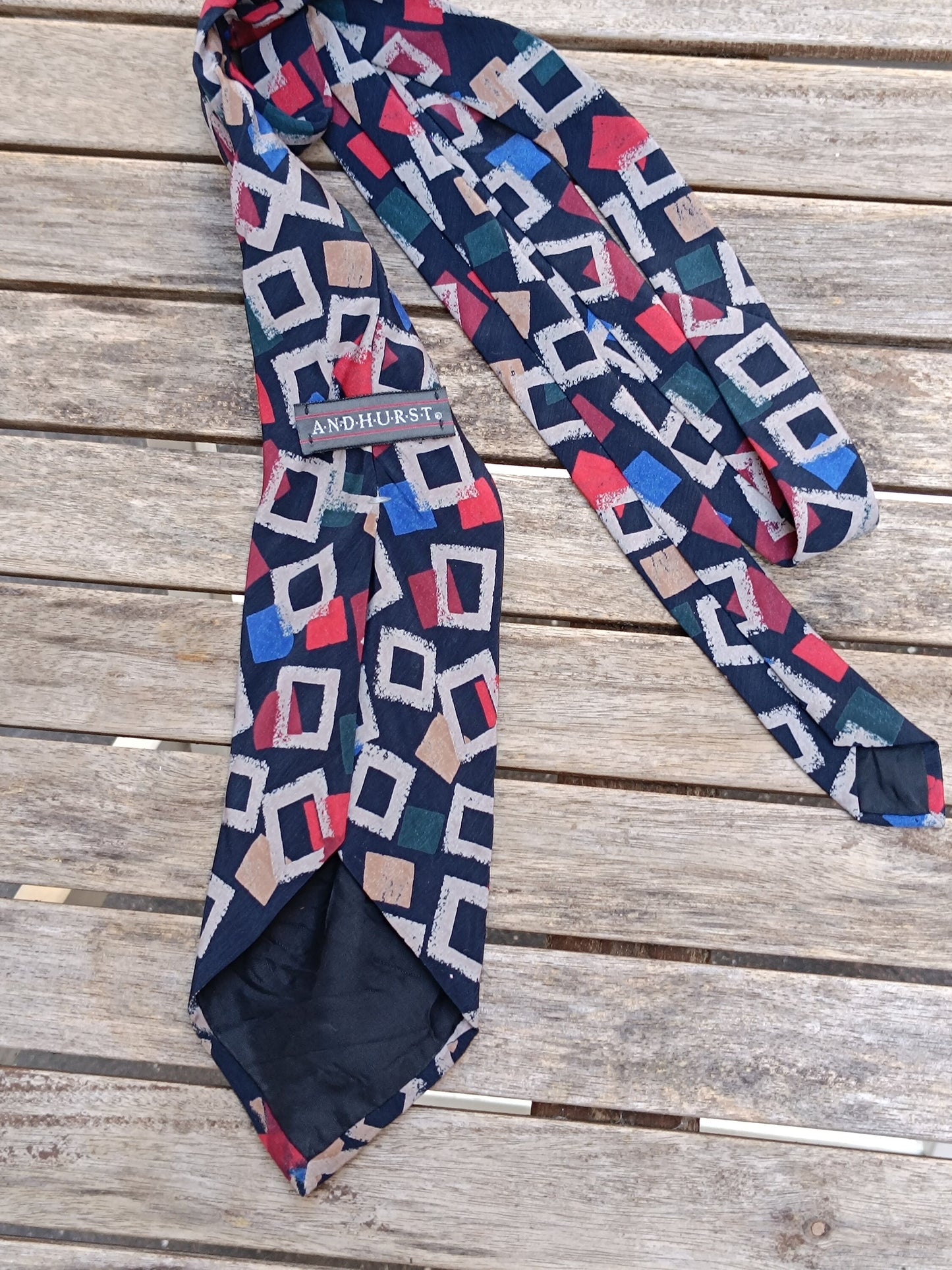 80s Andhurst Silk Tie | Vintage Geometric Red Print Necktie| Menswear unisex suiting up accessory