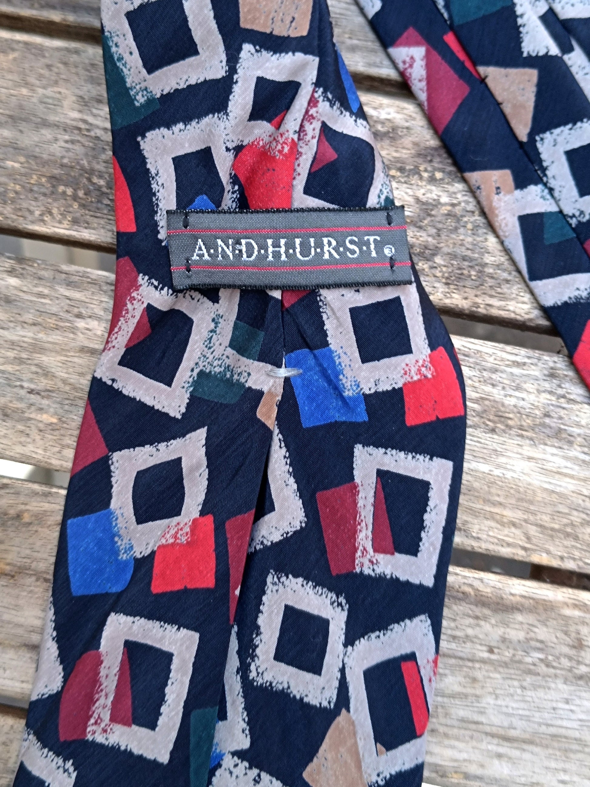 80s Andhurst Silk Tie | Vintage Geometric Red Print Necktie| Menswear unisex suiting up accessory