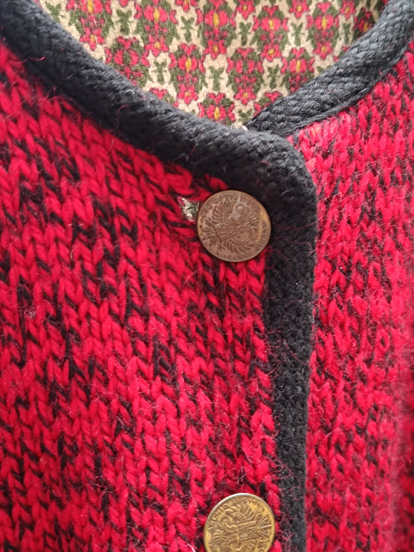 Vintage Red Trachten Wool Jacket Ornate Lining Austrian Knit Boiled Wool Cardigan