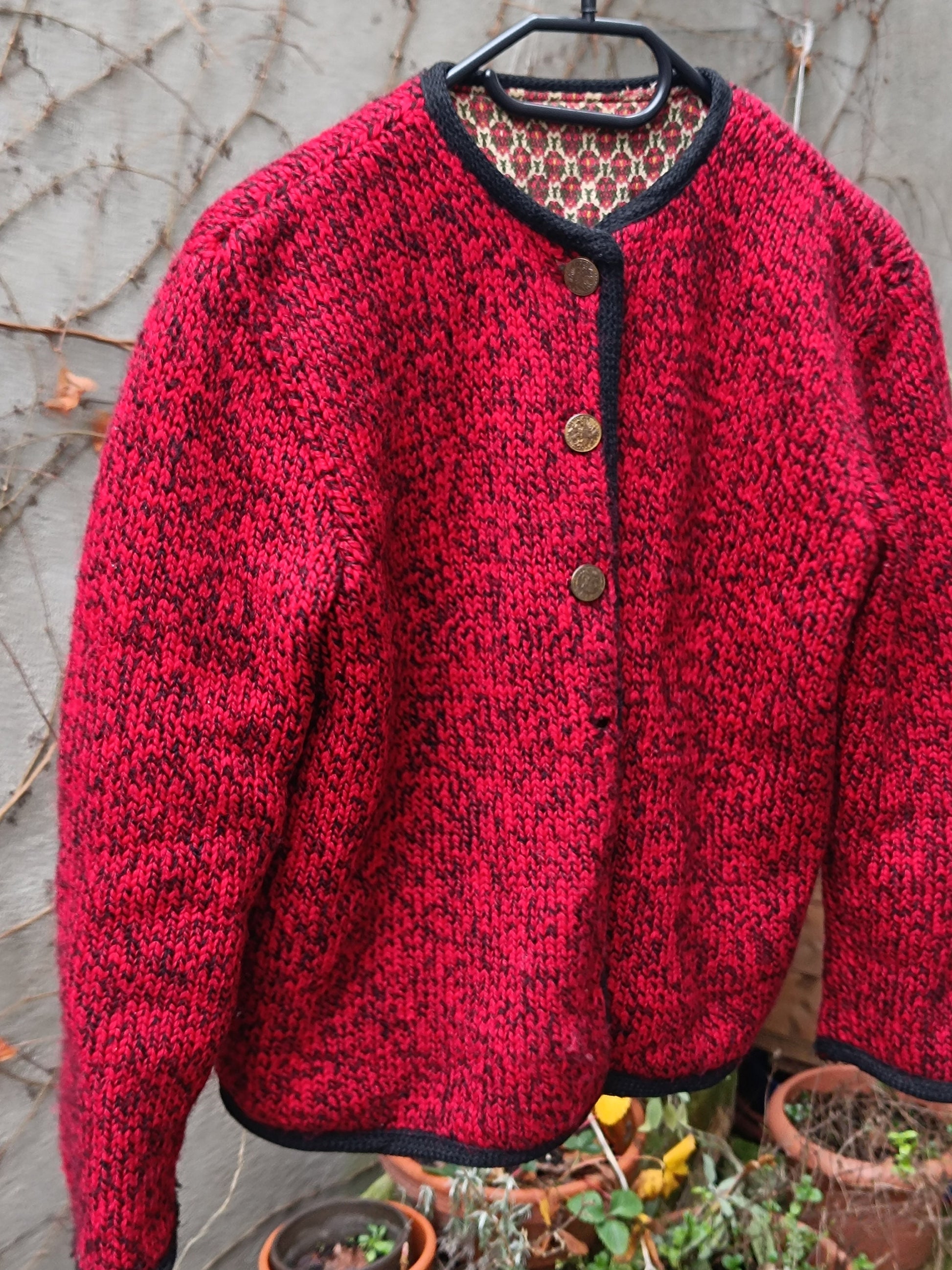 Vintage Red Trachten Wool Jacket Ornate Lining Austrian Knit Boiled Wool Cardigan