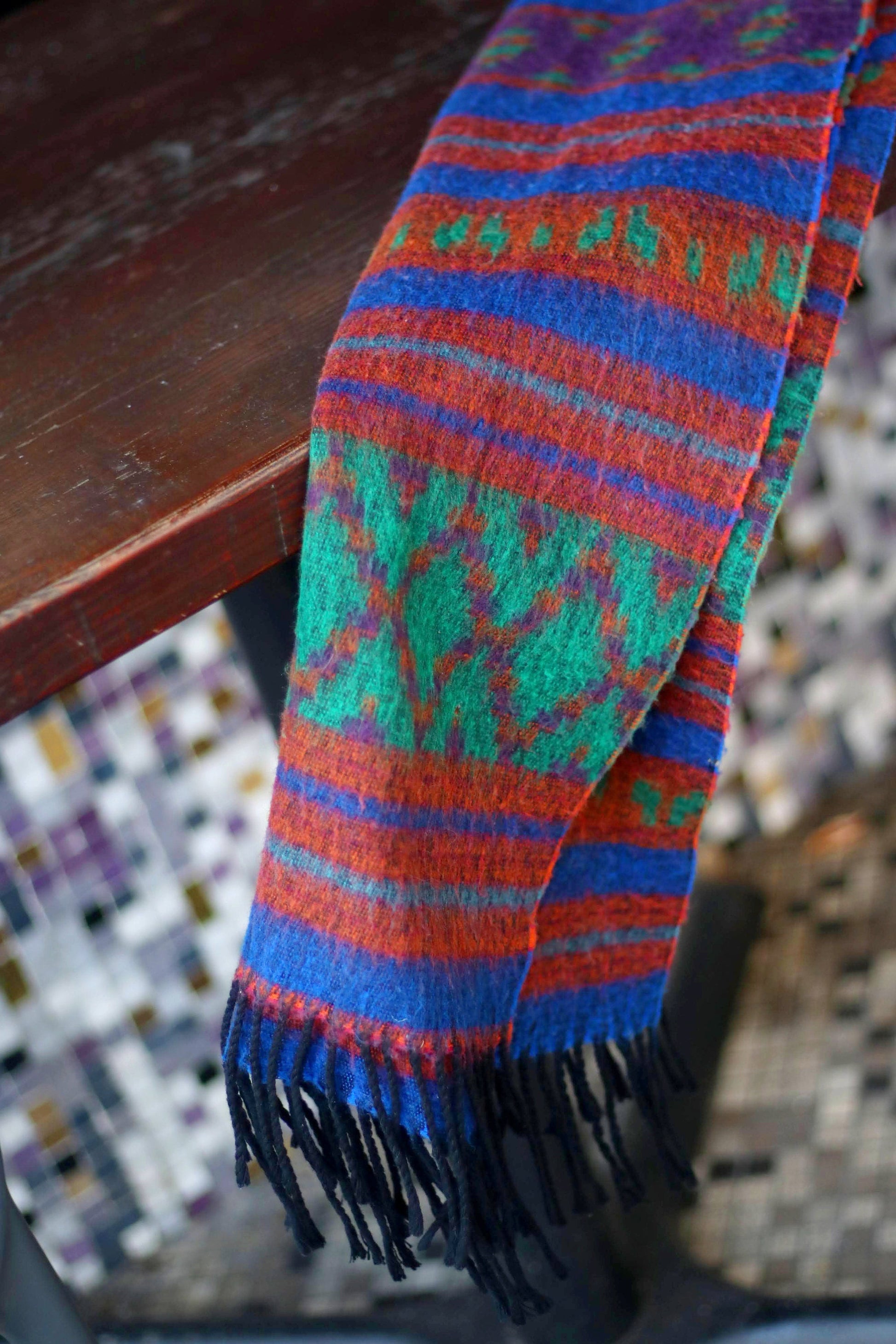 70s Bold Scarf| Vintage Colorful Ethnic Chic Scarf | Women's Red Striped Winter Scarf