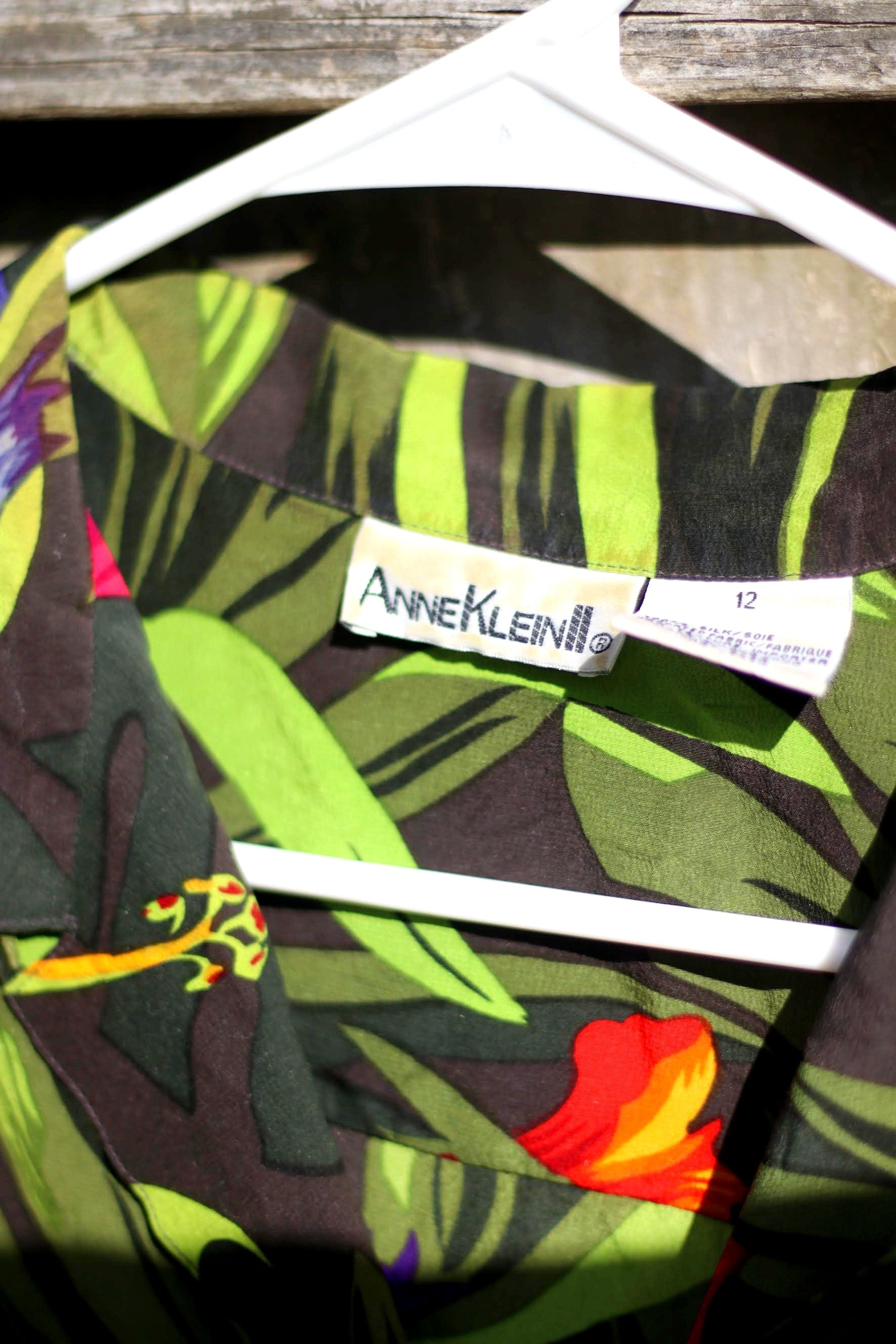 90s Anne Klein Blouse| Vintage Green Silk Tropical Print Blouse| Summer Maximalist Blouse