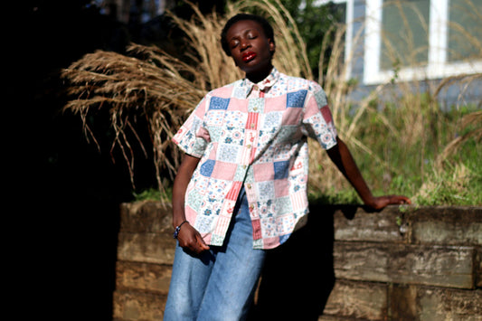 90s Russ Sport Shirt| Vintage Patchwork-inspired hippy blouse| Women's Ethno Print chic Shirt