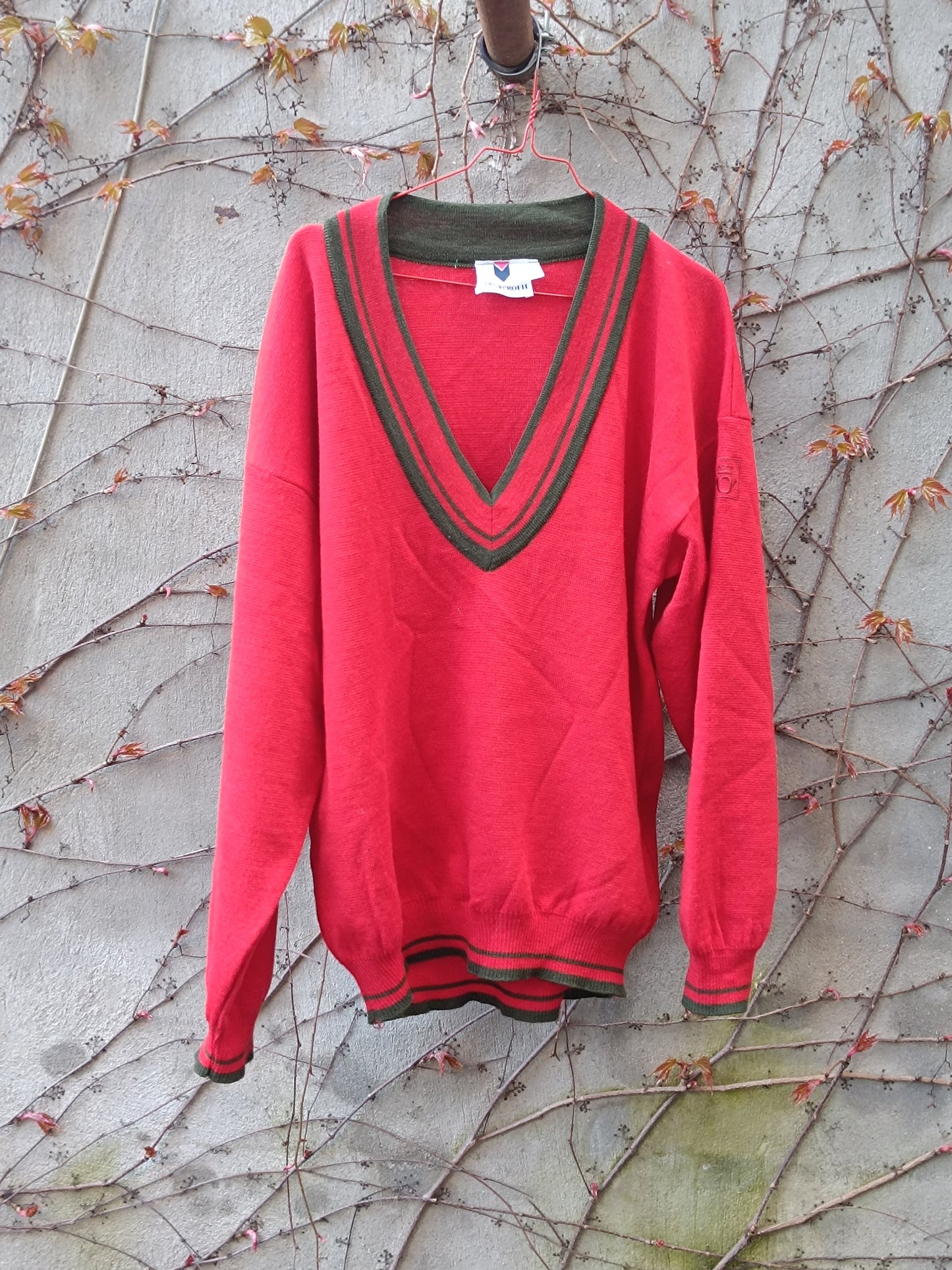 Vintage Wool V-Neck Sweater: 90s Collegiate Red Knit