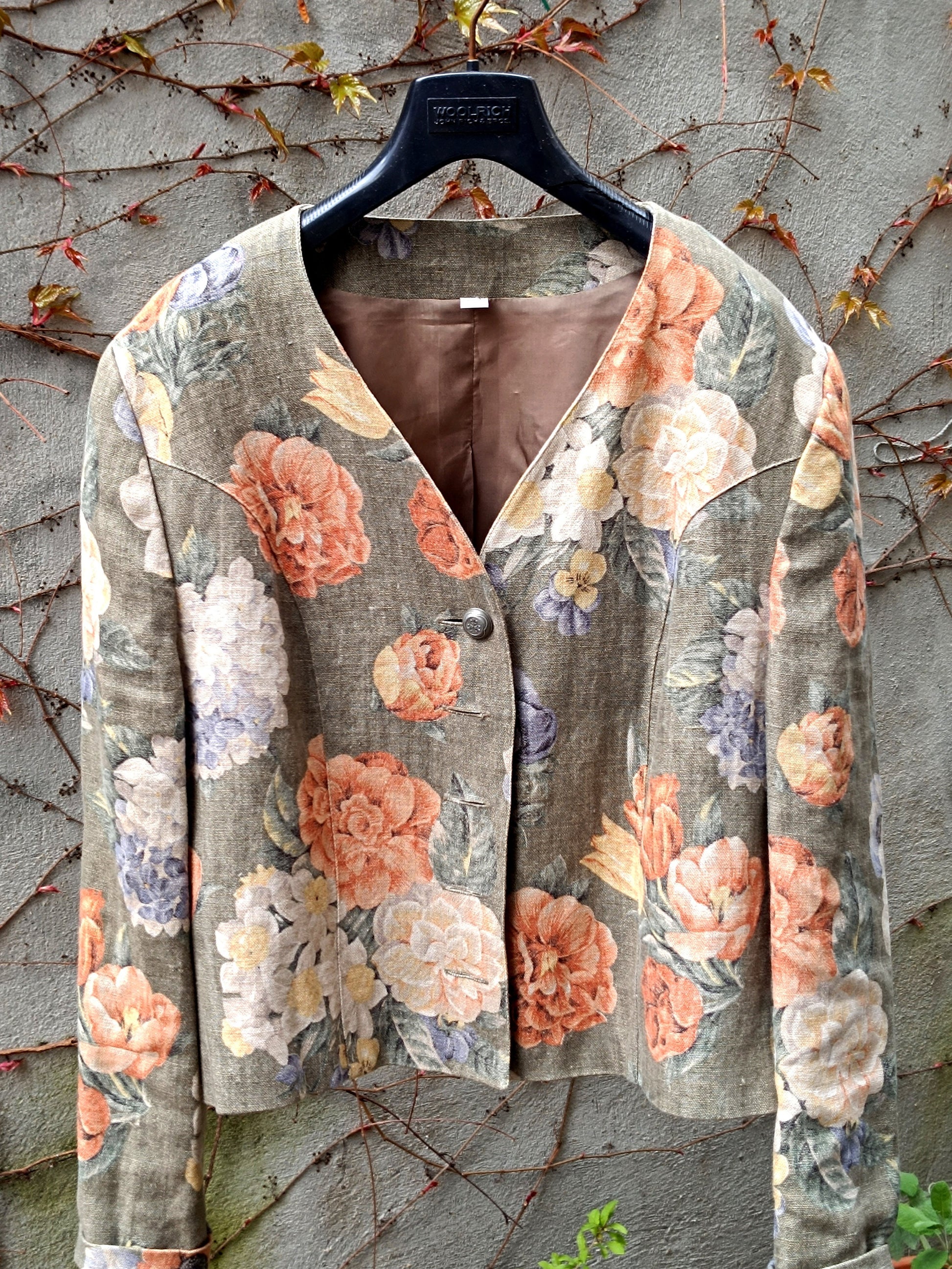 80s Linen Floral Blazer | Vintage Women's Maximalist Blazer| Cropped Bold Print suit jacket