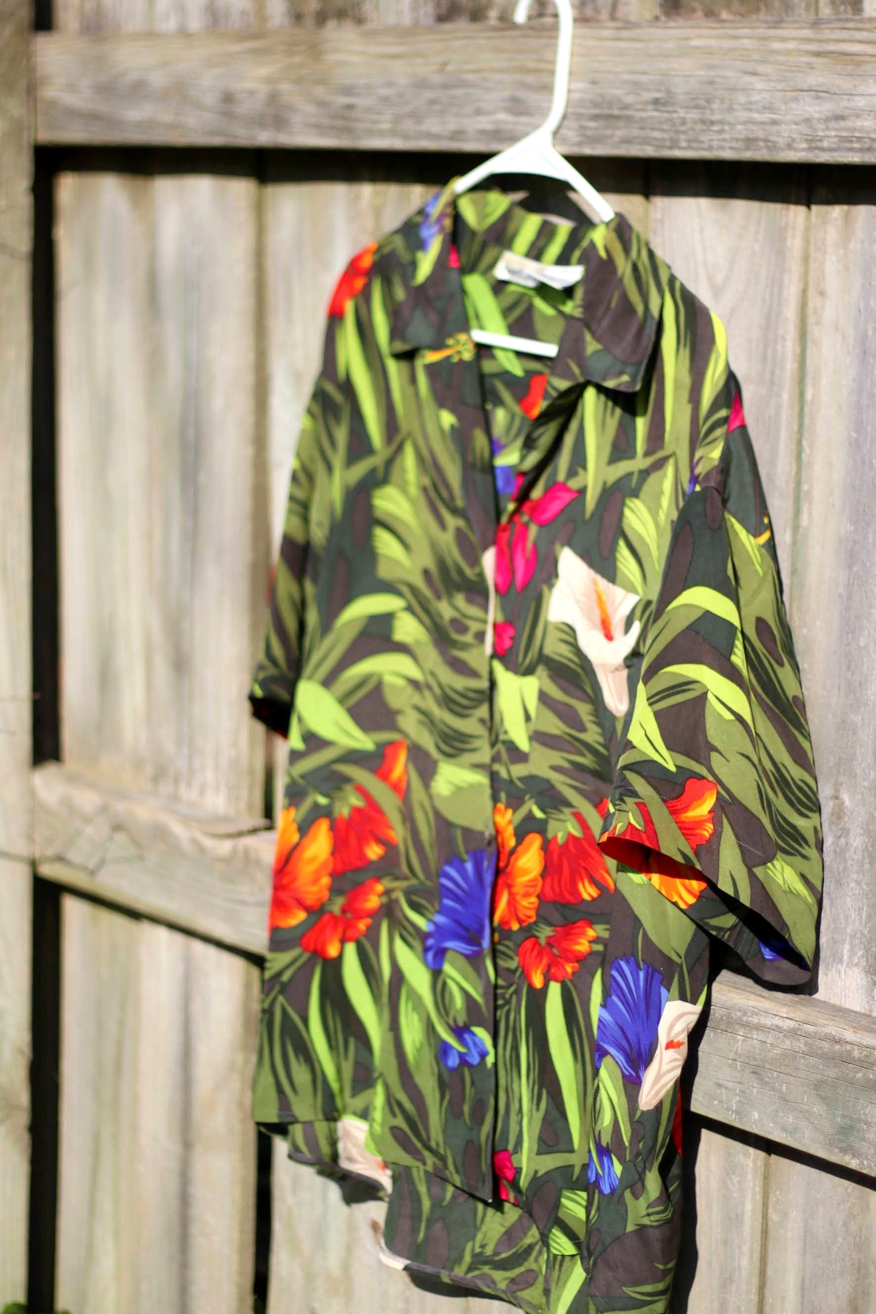 90s Anne Klein Blouse| Vintage Green Silk Tropical Print Blouse| Summer Maximalist Blouse