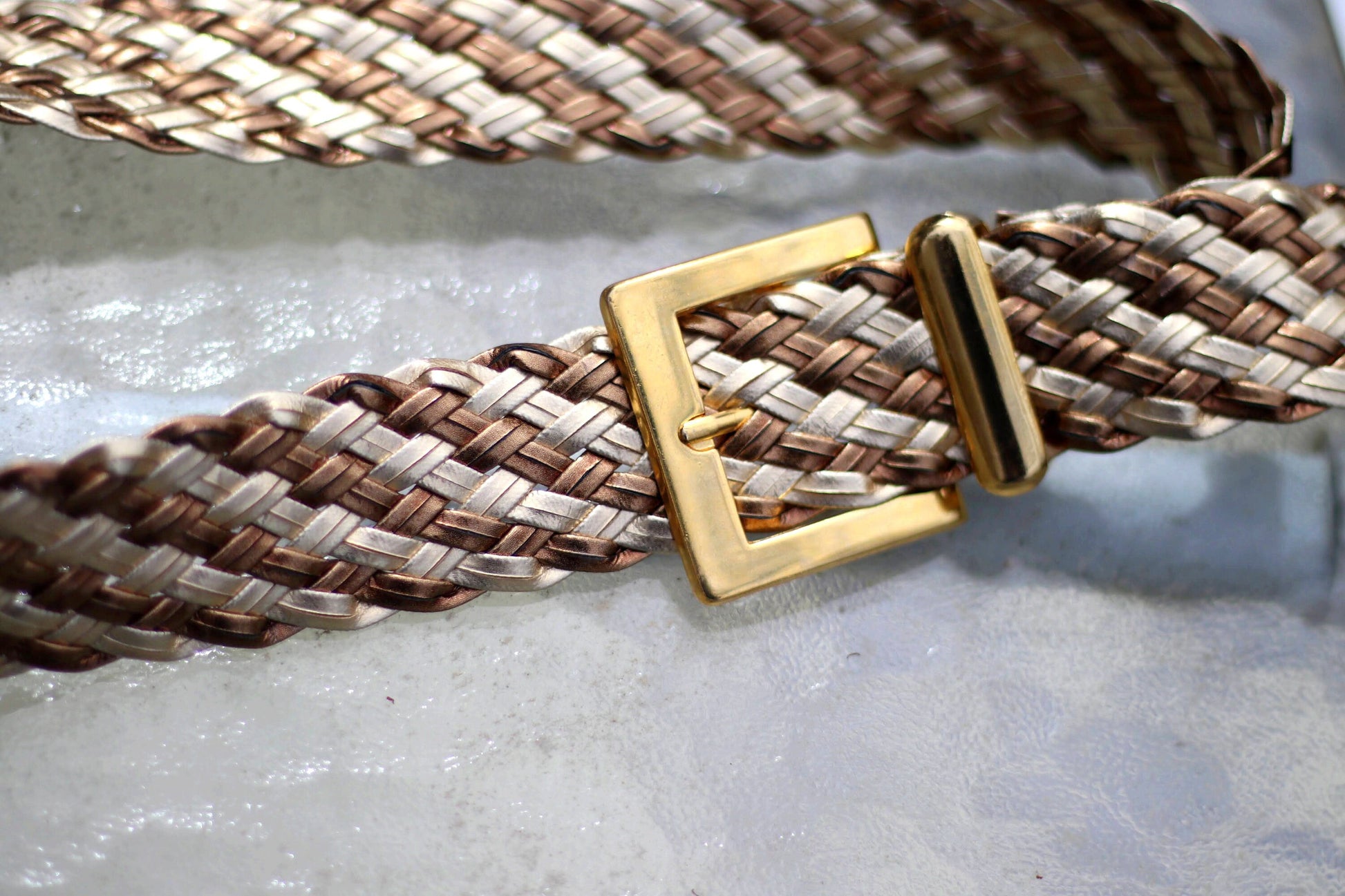 Vintage Woven Faux Leather belt in Brown | Women's Minimalist Boho chic belt with gold-colored buckle