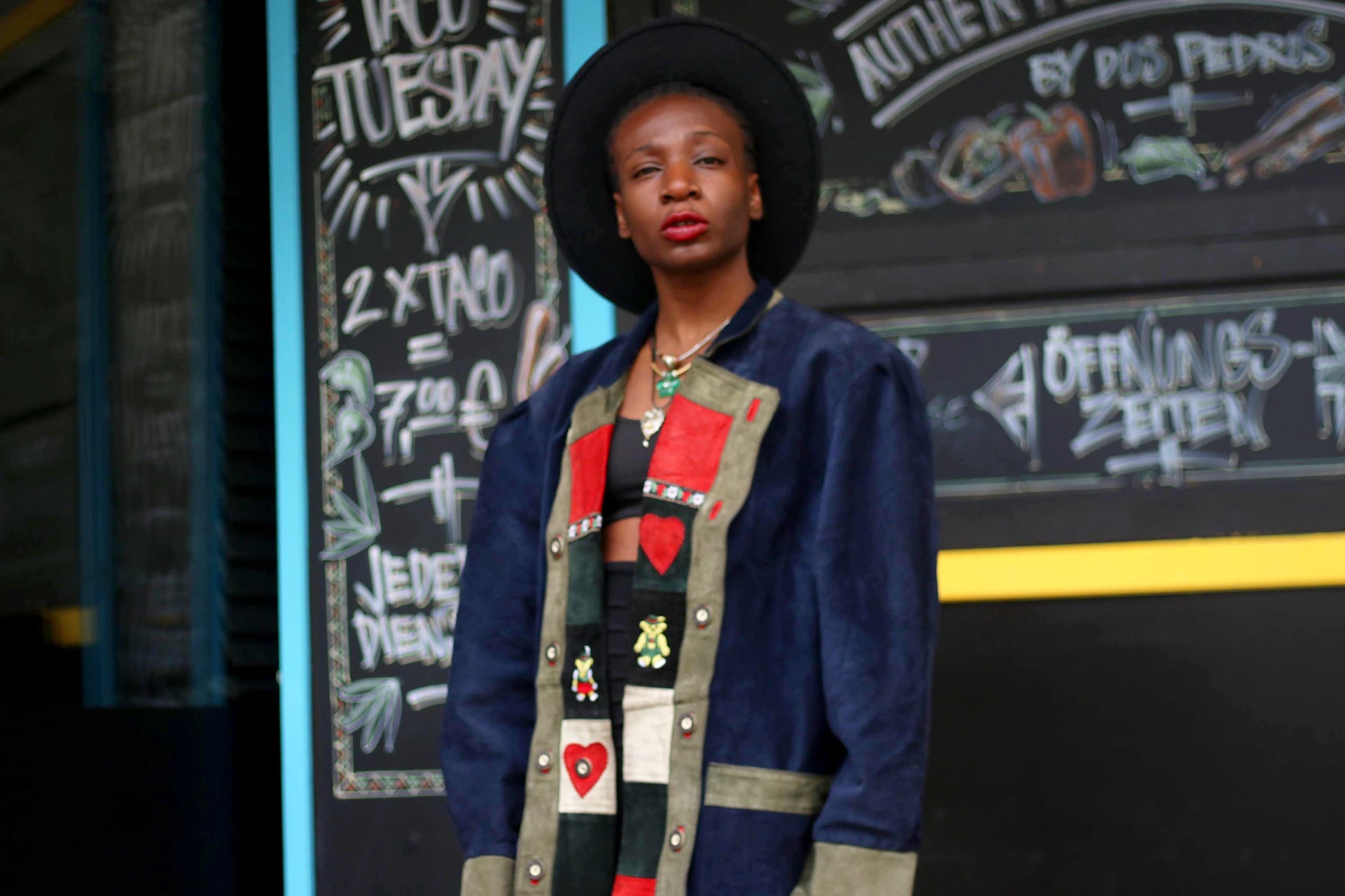 80s Folkloric Suede Coat| Vintage black Women's Jacket with Heart Print| Unique Bohemian talian Leather Coat with Teddy Bear Print