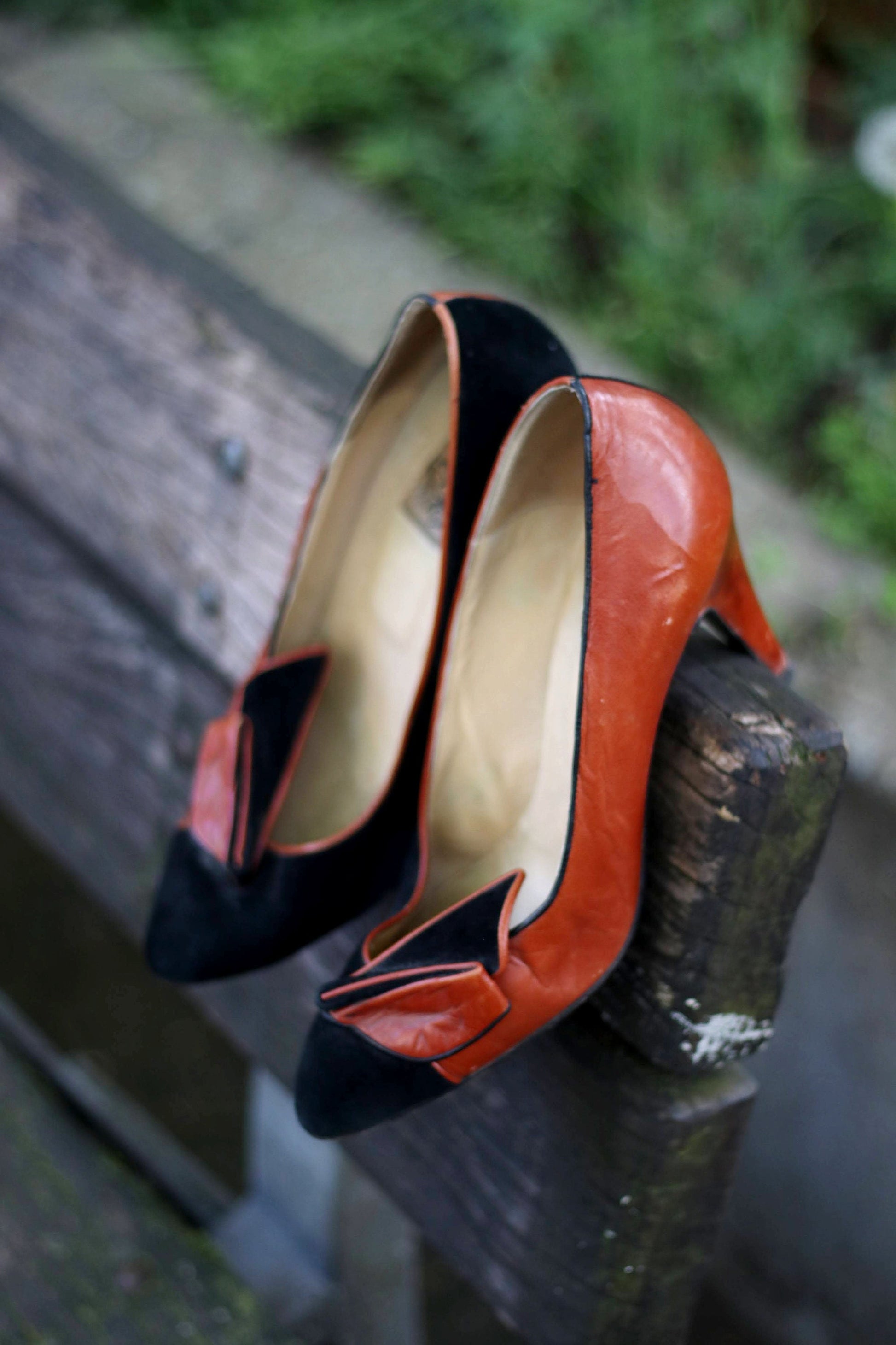 80s Pola Leather Pumps| Vintage Two-Toned High Heels| Women's Retro Brown and Black Stilettos| Italian Leather Shoes Size 38.5