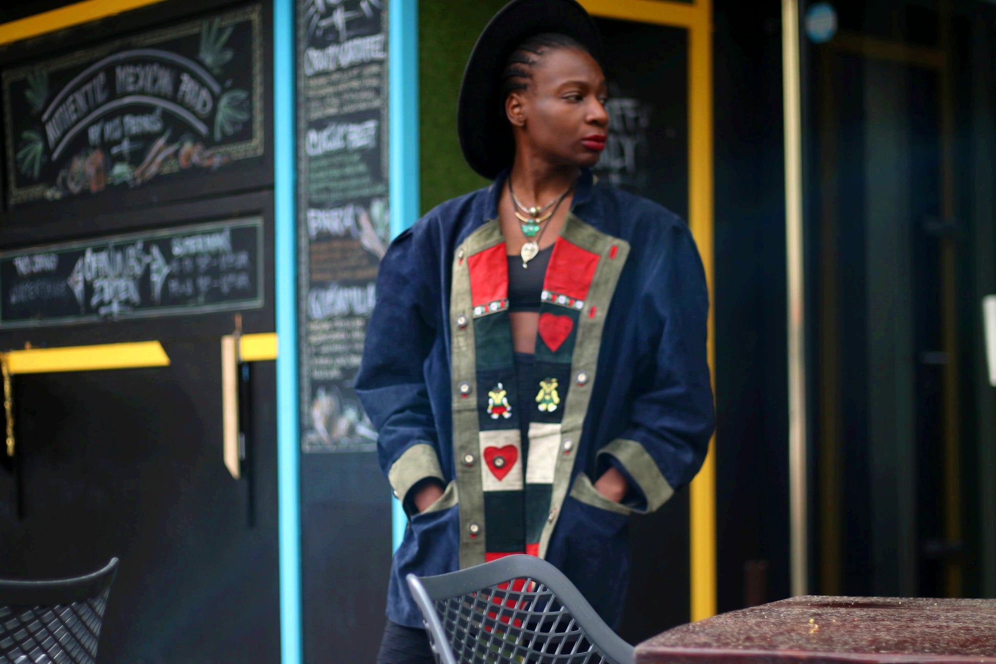 80s Folkloric Suede Coat| Vintage black Women's Jacket with Heart Print| Unique Bohemian talian Leather Coat with Teddy Bear Print