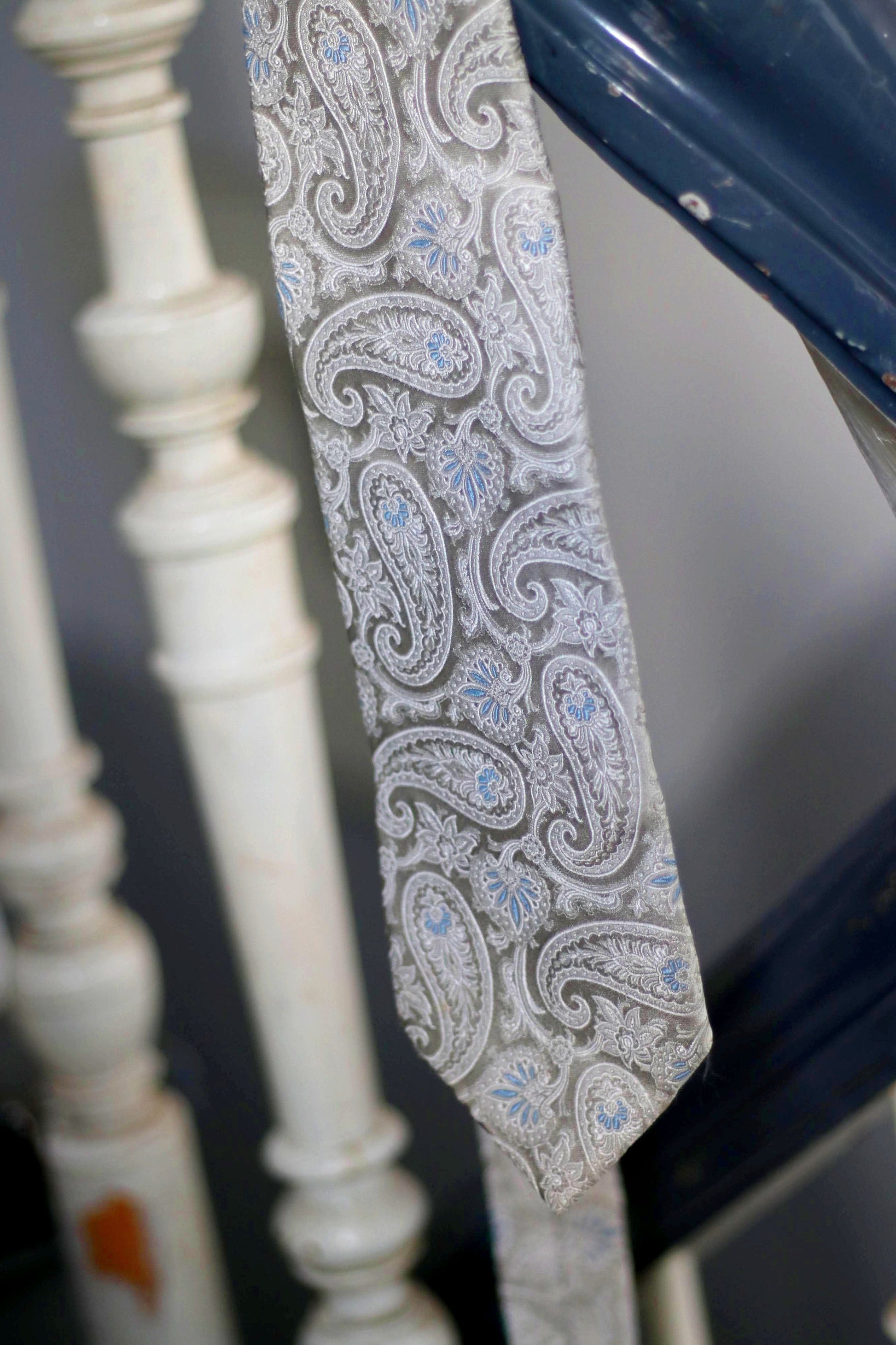 Vintage Valentino Tie | Silk Paisley Grey Blue | Designer Necktie Mens Formal Classic Gift