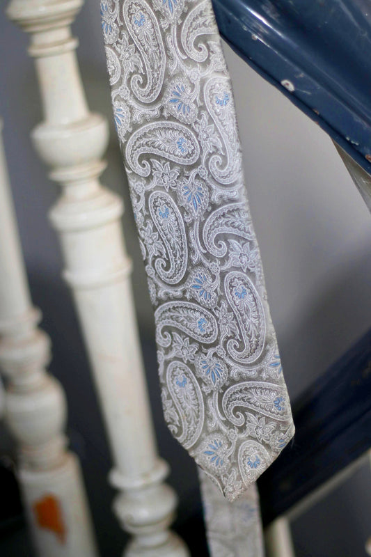 Vintage Valentino Tie | Silk Paisley Grey Blue | Designer Necktie Mens Formal Classic Gift