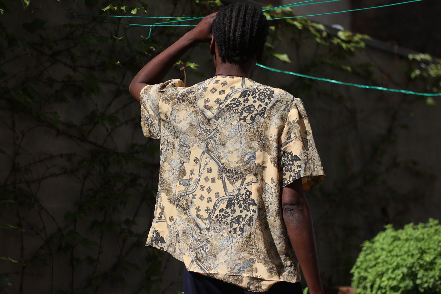 Vintage Scenic Print Blouse Yellow Square Silhouette Short Sleeve Button Up Top