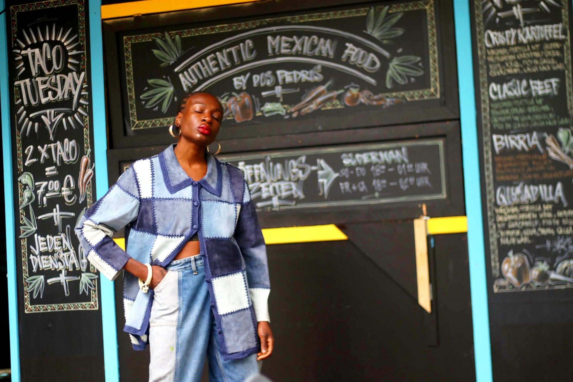 80s Leather Patchwork Shirt| Vintage Unique Blue Patchwork Bohemian Blouse| Women's Country-Inspired Bohemian Hipster Lightweight Jacket