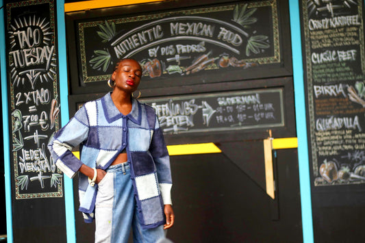 80s Leather Patchwork Shirt| Vintage Unique Blue Patchwork Bohemian Blouse| Women's Country-Inspired Bohemian Hipster Lightweight Jacket