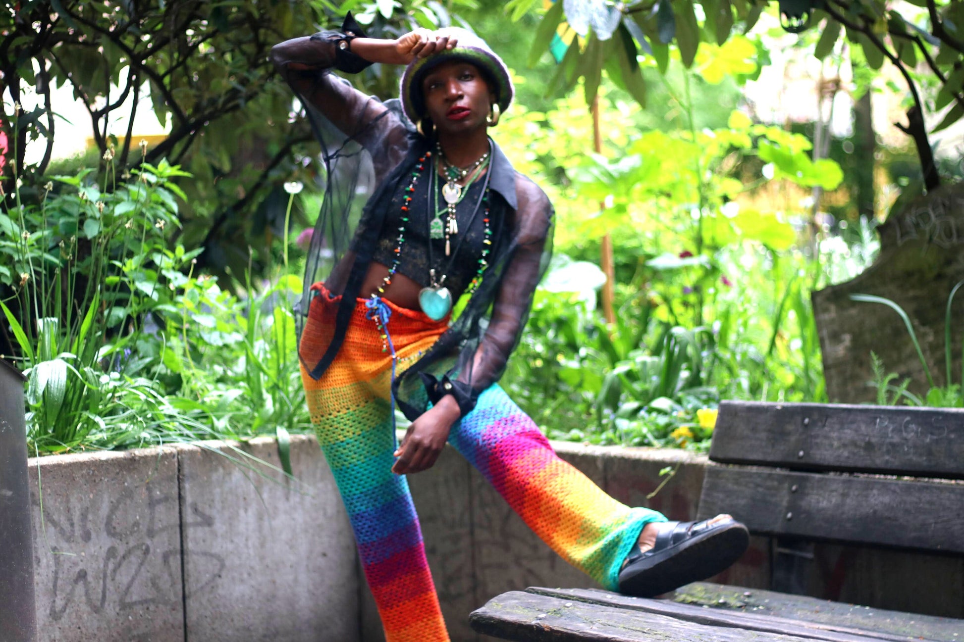 70s Psychedelic Pants| Women's Knitted Summer Trousers| Hippy Rainbow Colorful Boho Crocheted Bottoms