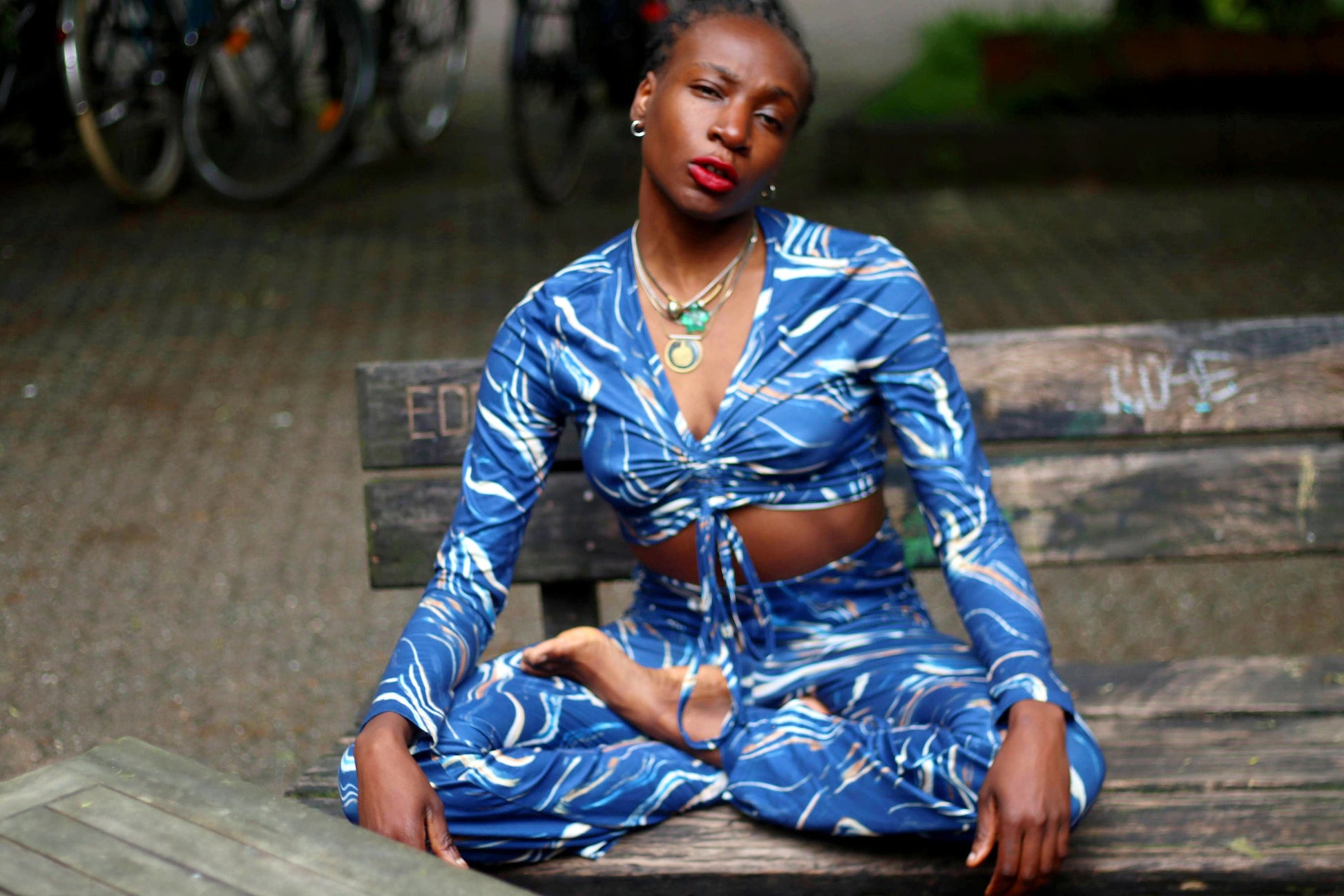 70s Two-Piece Trouser Suit| Vintage Women's Blue Suit with Psychedelic Print| Maximalist Women's Summer suit