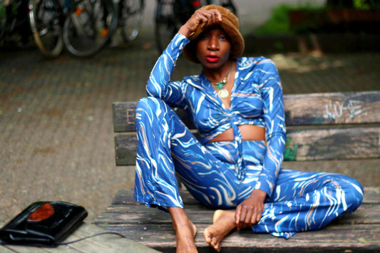 70s Two-Piece Trouser Suit| Vintage Women's Blue Suit with Psychedelic Print| Maximalist Women's Summer suit