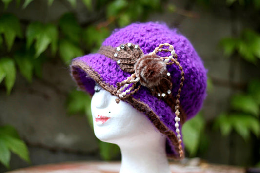 y2k Purple Knitted Hat| Vintage Cozy Hat with Floral Beaded Details |Maximalist Quirky Headpiece| EMO Girl Accessory