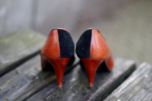 80s Pola Leather Pumps| Vintage Two-Toned High Heels| Women's Retro Brown and Black Stilettos| Italian Leather Shoes Size 38.5