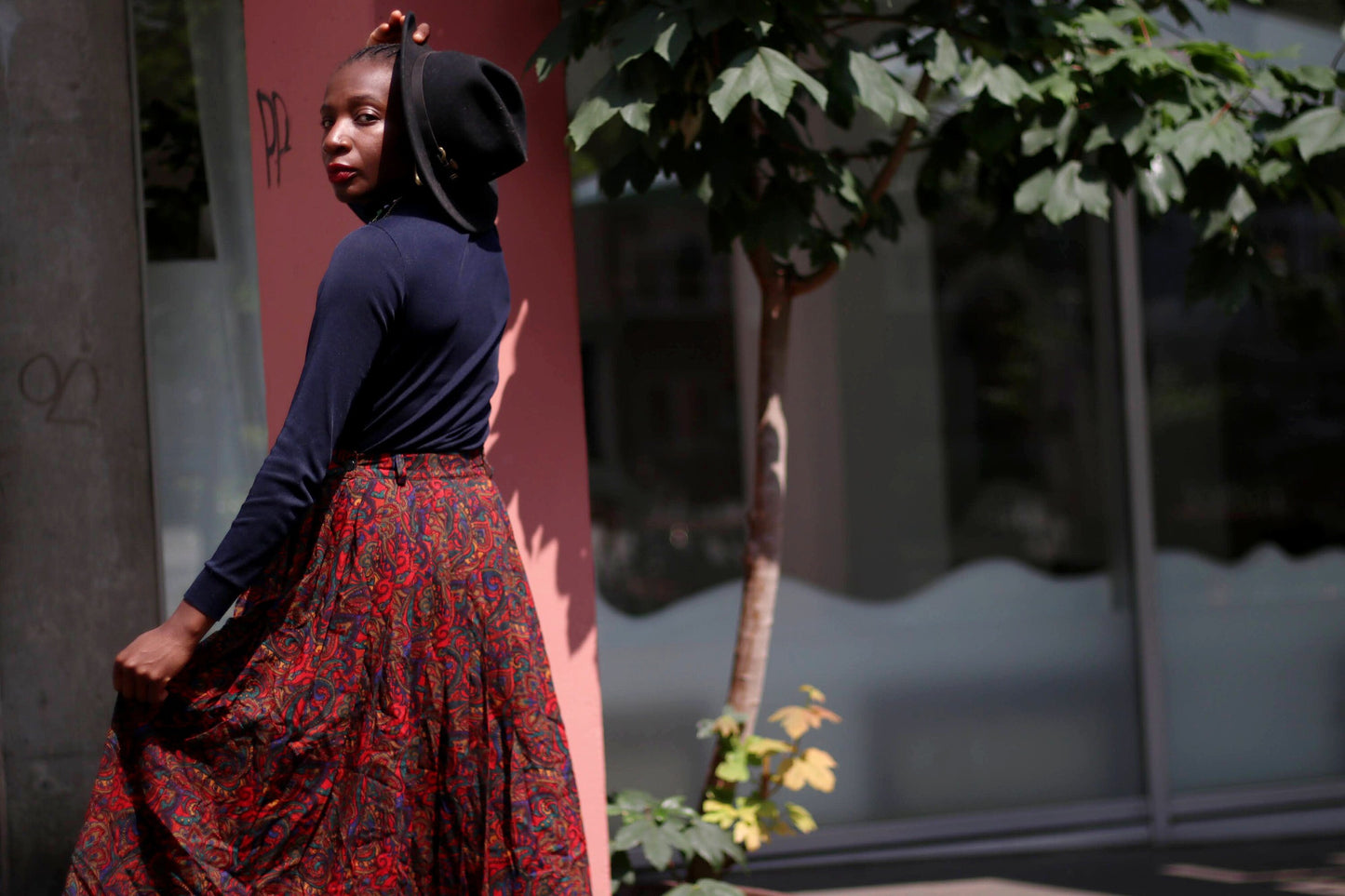 80s Red Summer Skirt| Vintage Eye-Print Midi Skirt| Women's Bohemian Skirt