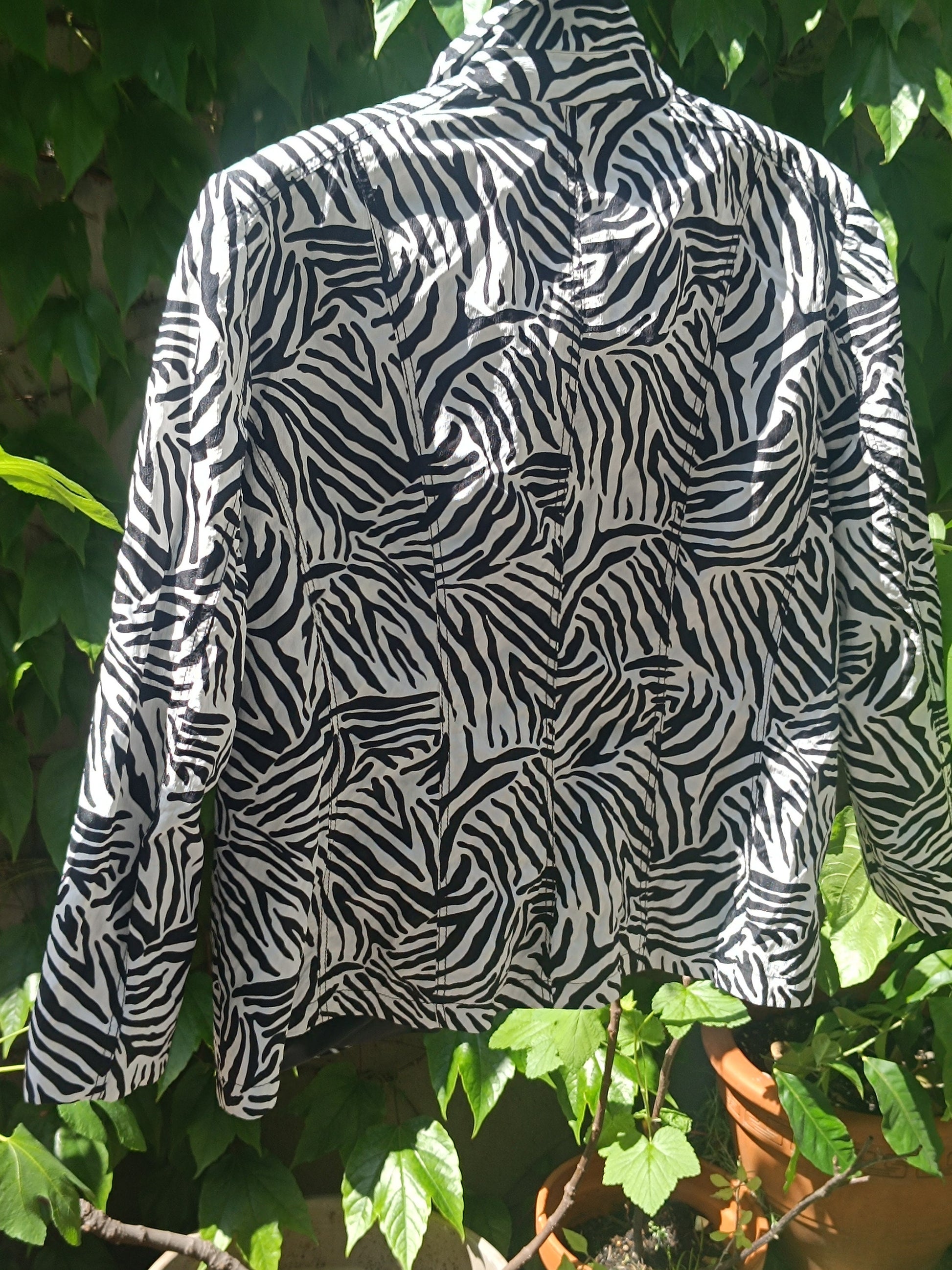 Zebra Print Jacket| 80s Monochrome Women's Lightweight Jacket| Atelier GS Sporty Animal Print Summer Coat| Black & White Zip Up Jacket