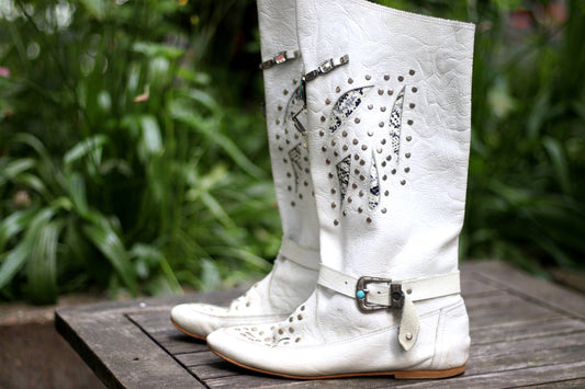 80s Tekah Cowgirl Boots| Vintage White Studded Boots| Rare Women's Western Boots