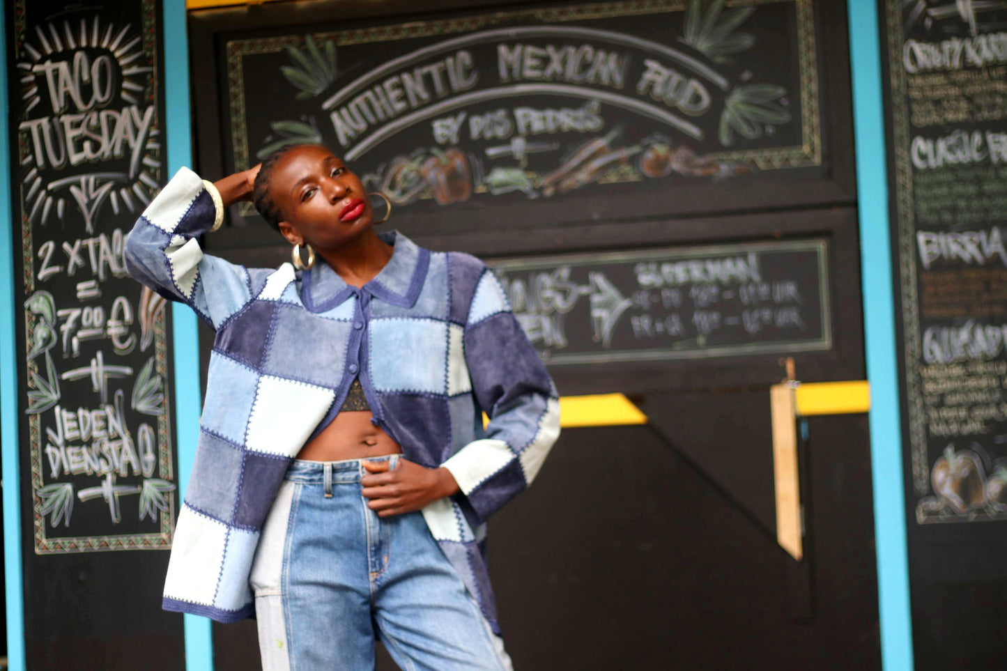80s Leather Patchwork Shirt| Vintage Unique Blue Patchwork Bohemian Blouse| Women's Country-Inspired Bohemian Hipster Lightweight Jacket