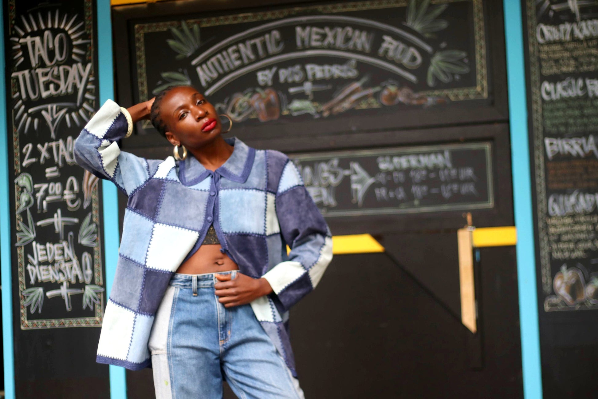 80s Leather Patchwork Shirt| Vintage Unique Blue Patchwork Bohemian Blouse| Women's Country-Inspired Bohemian Hipster Lightweight Jacket