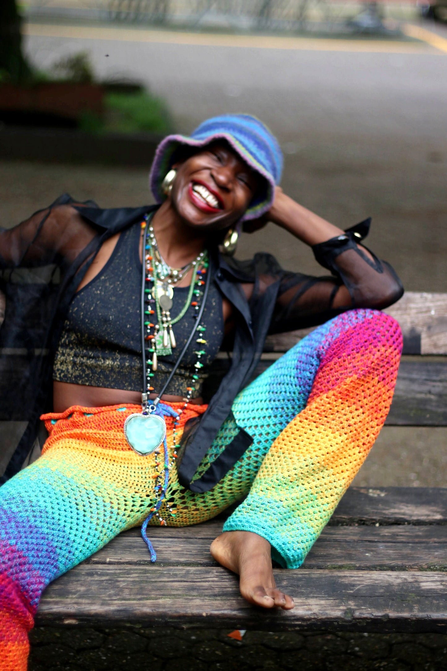 70s Psychedelic Pants| Women's Knitted Summer Trousers| Hippy Rainbow Colorful Boho Crocheted Bottoms