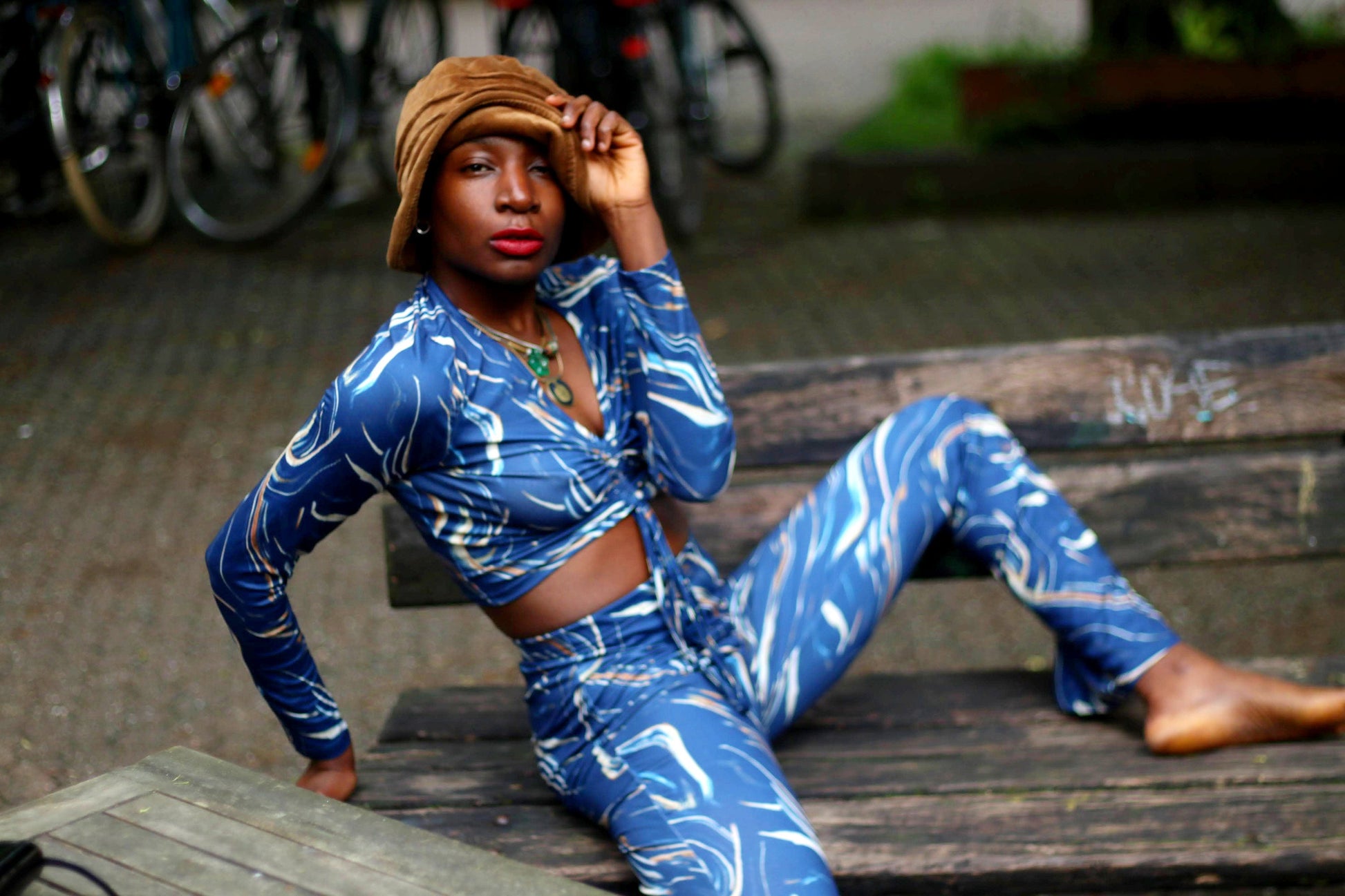 70s Two-Piece Trouser Suit| Vintage Women's Blue Suit with Psychedelic Print| Maximalist Women's Summer suit