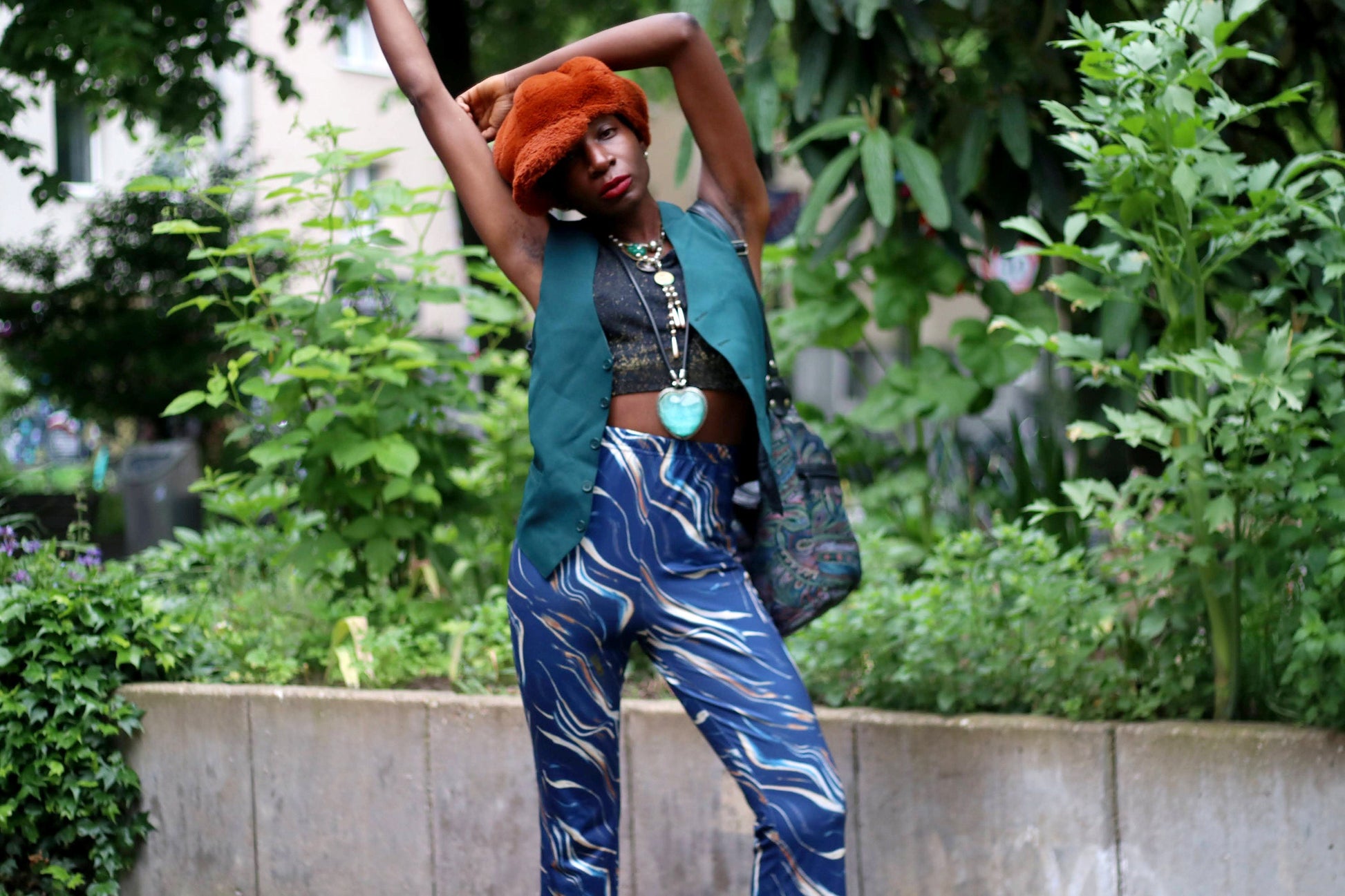 70s Two-Piece Trouser Suit| Vintage Women's Blue Suit with Psychedelic Print| Maximalist Women's Summer suit