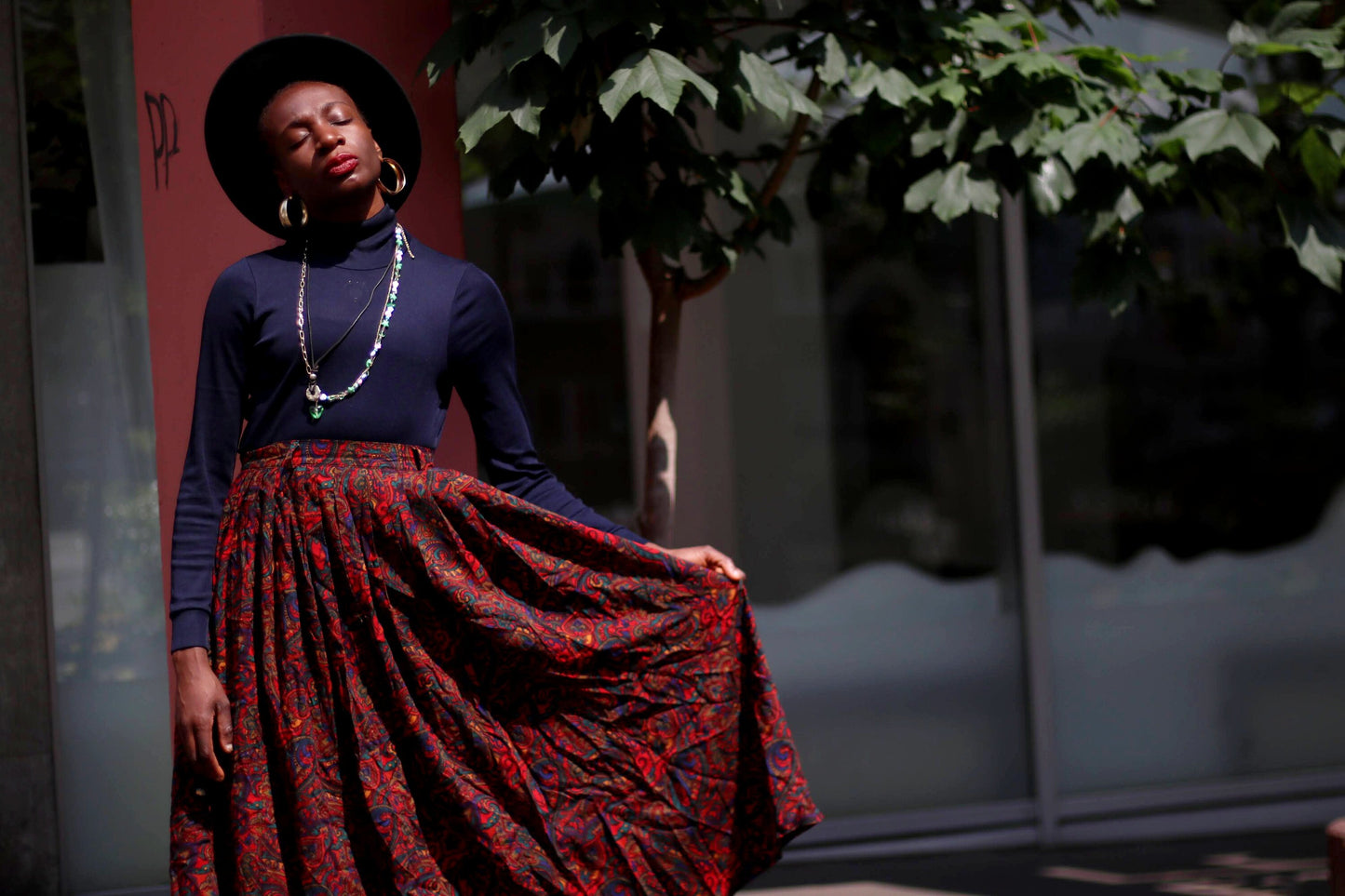 80s Red Summer Skirt| Vintage Eye-Print Midi Skirt| Women's Bohemian Skirt
