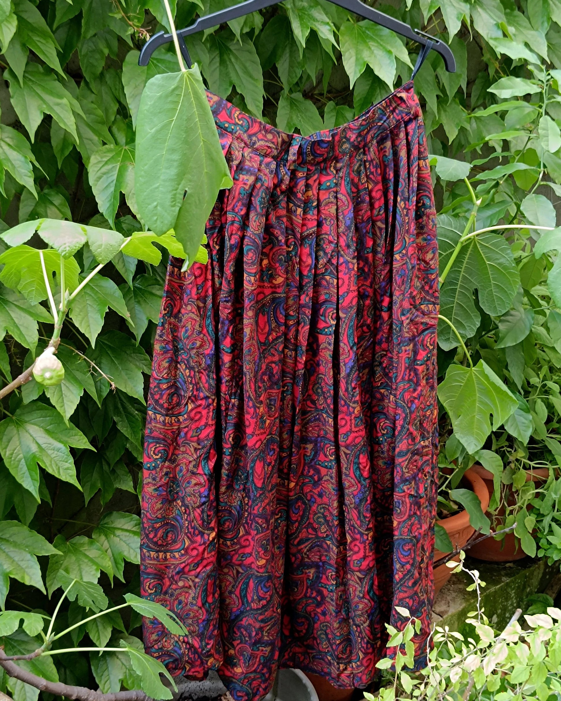 80s Red Summer Skirt| Vintage Eye-Print Midi Skirt| Women's Bohemian Skirt