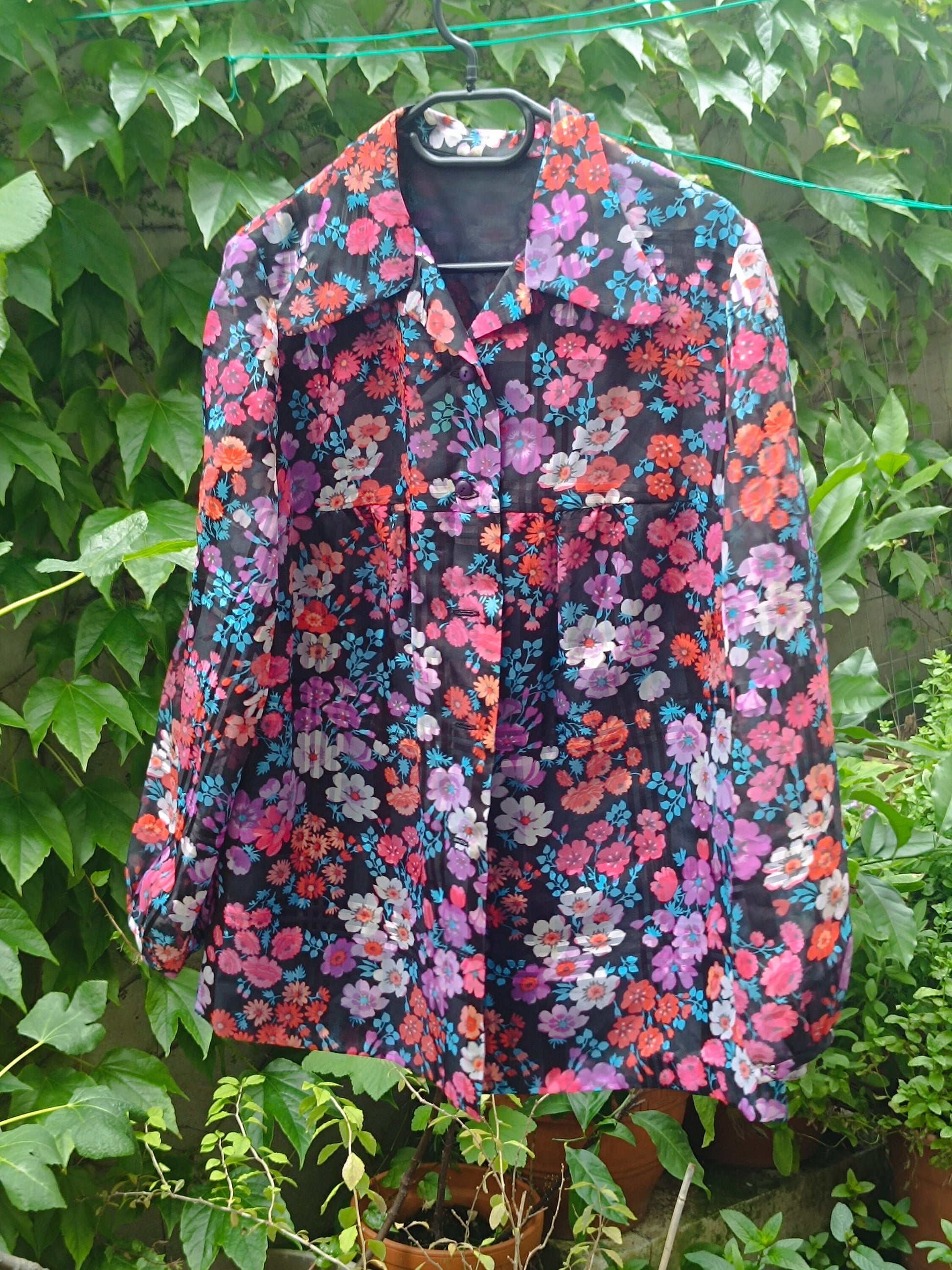 Vintage 70s Floral Blouse Long Sleeve Dagger Collar Retro Print Shirt Top S M