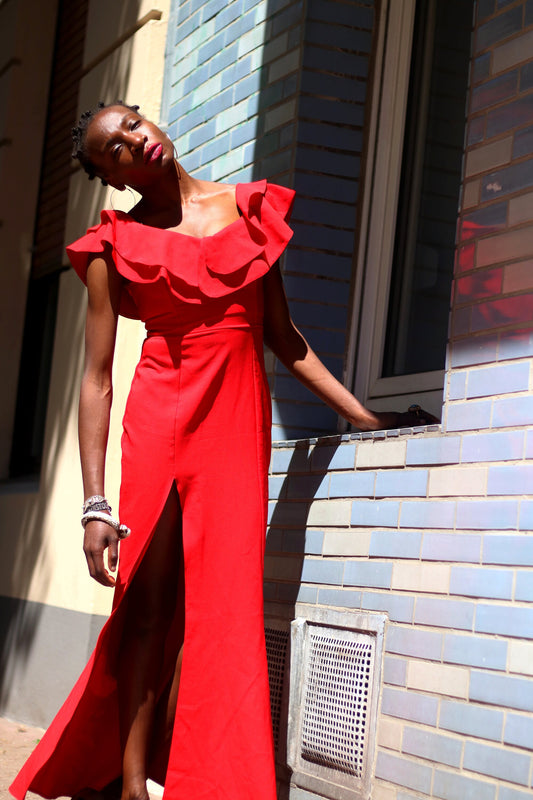 y2k Red Dress| Vintage Glamorous Maxi Dress| Ruffled Womens Evening Gown with Slit Details